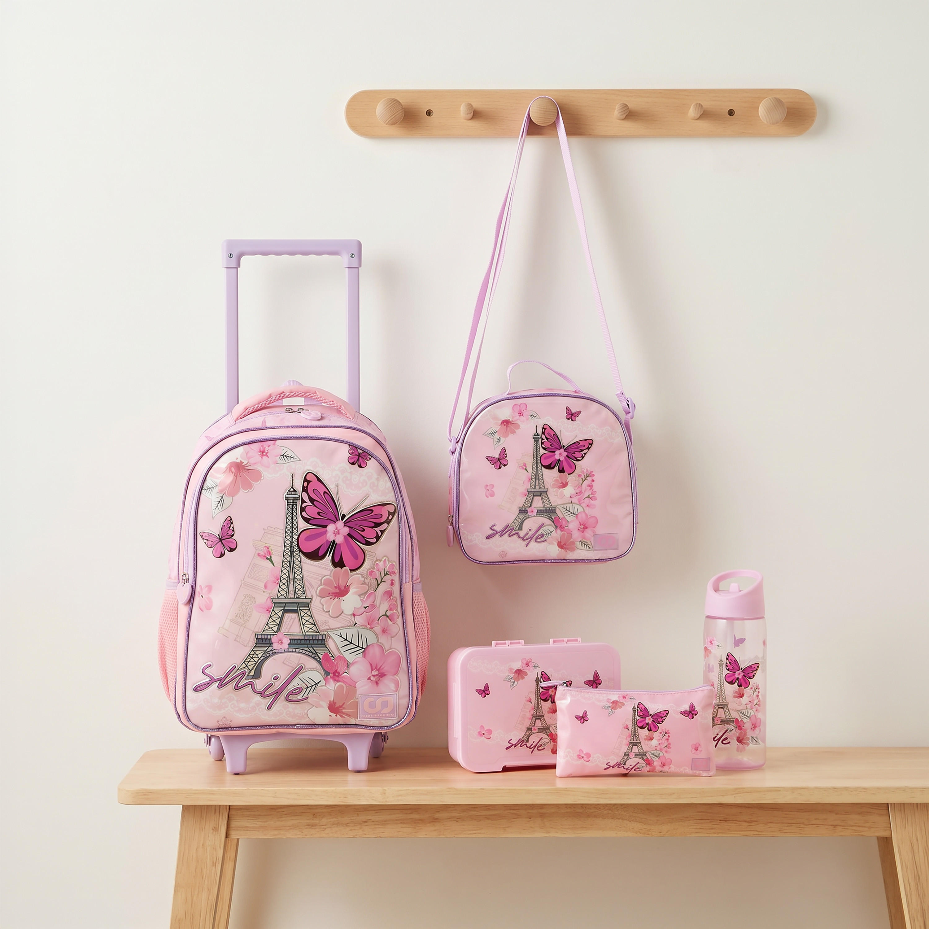 SAMI STUDIO Paris Print 5-Piece School Trolley Bag Set for Girls 5-8 Years with Lunch Box -16 inches-school-bagsandbackpacks-trolleybags-image-1