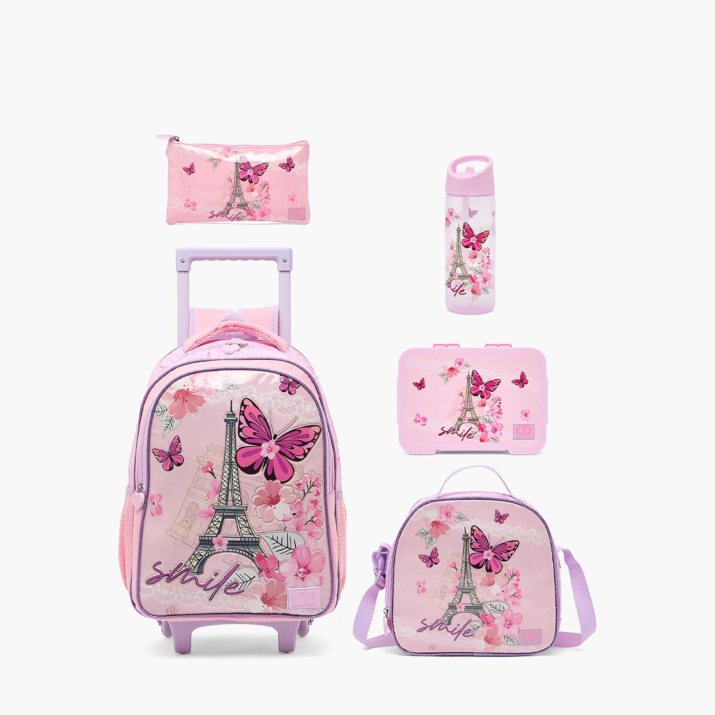 SAMI STUDIO Paris Print 5-Piece School Trolley Bag Set for Girls 5-8 Years with Lunch Box -16 inches-school-bagsandbackpacks-trolleybags-image-2