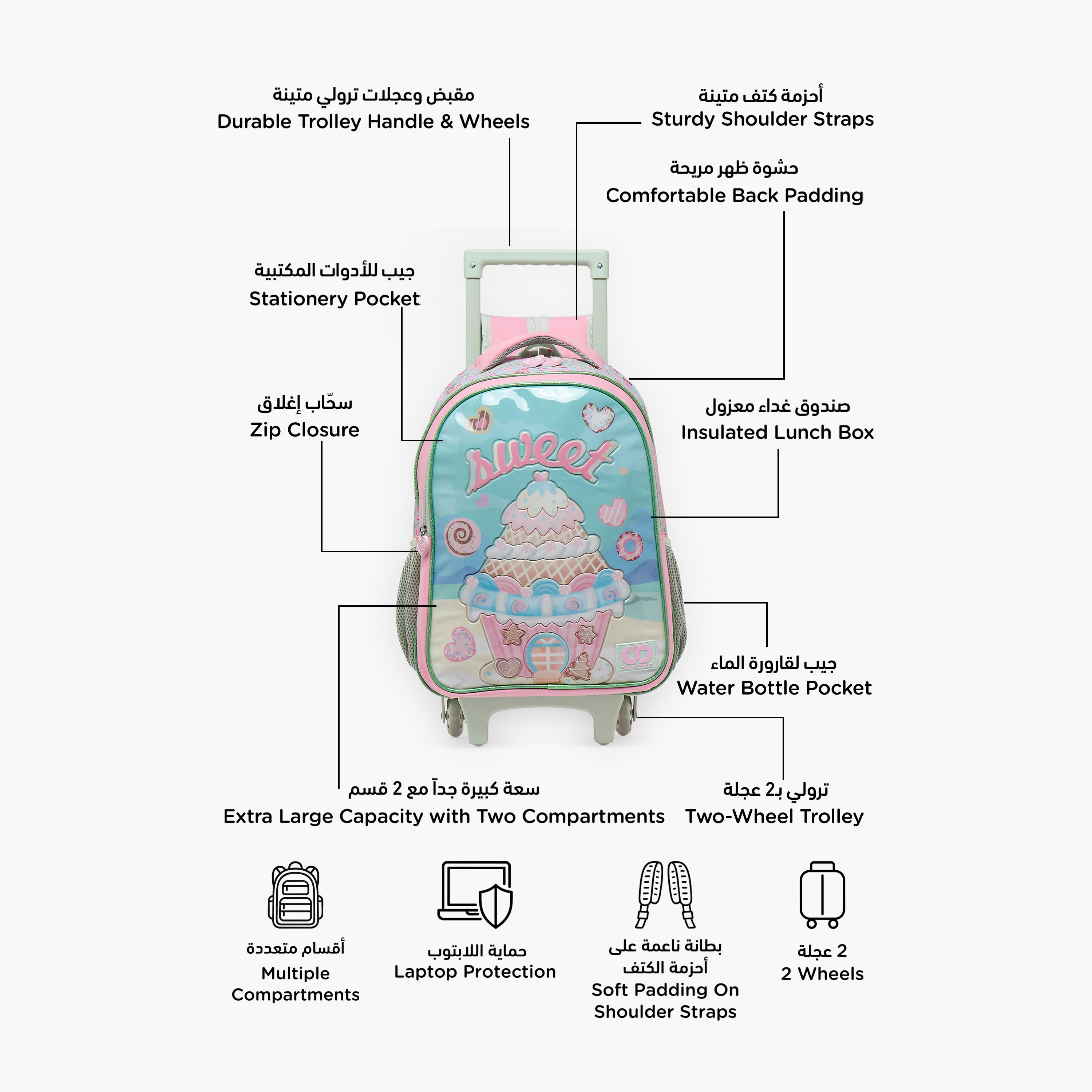 SAMI STUDIO Printed 5-Piece School Trolley Bag Set for Girls 5-8 Years with Lunch Bag - 16 inches-school-bagsandbackpacks-trolleybags-image-3