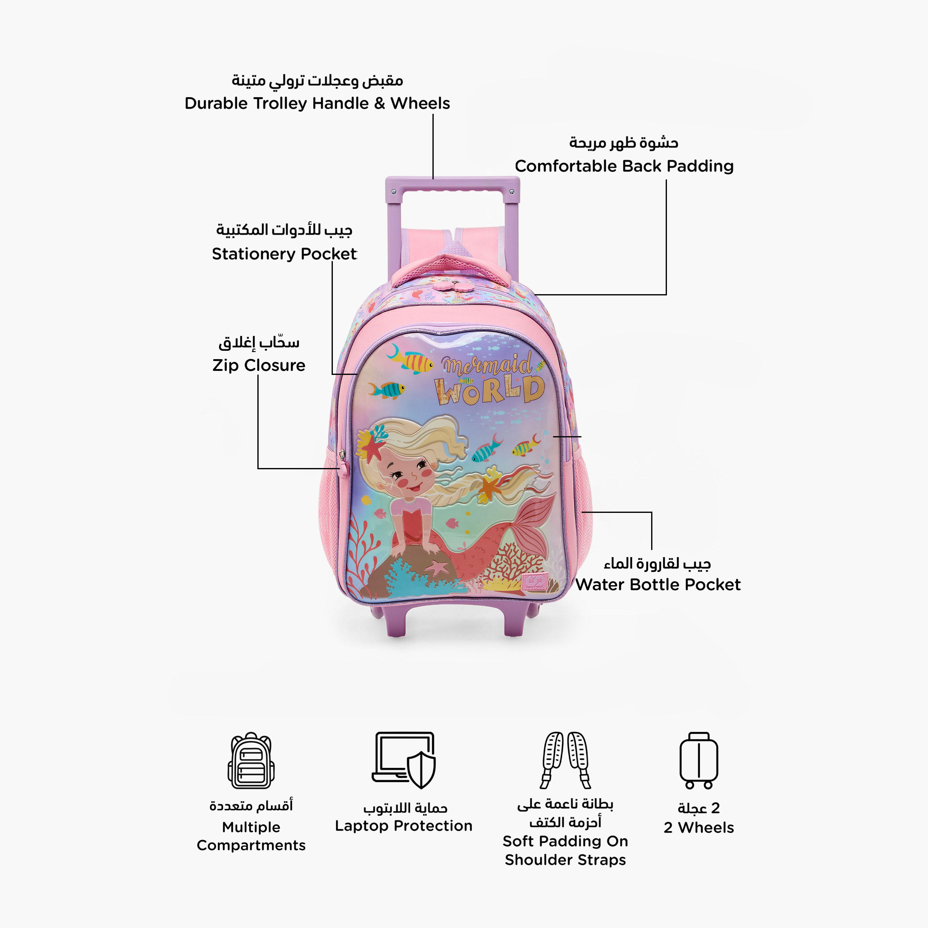 SAMI STUDIO Mermaid 5-Piece School Trolley Bag Set for Girls 5-8 Years with Lunch Box - 16 inches-school-bagsandbackpacks-trolleybags-image-3