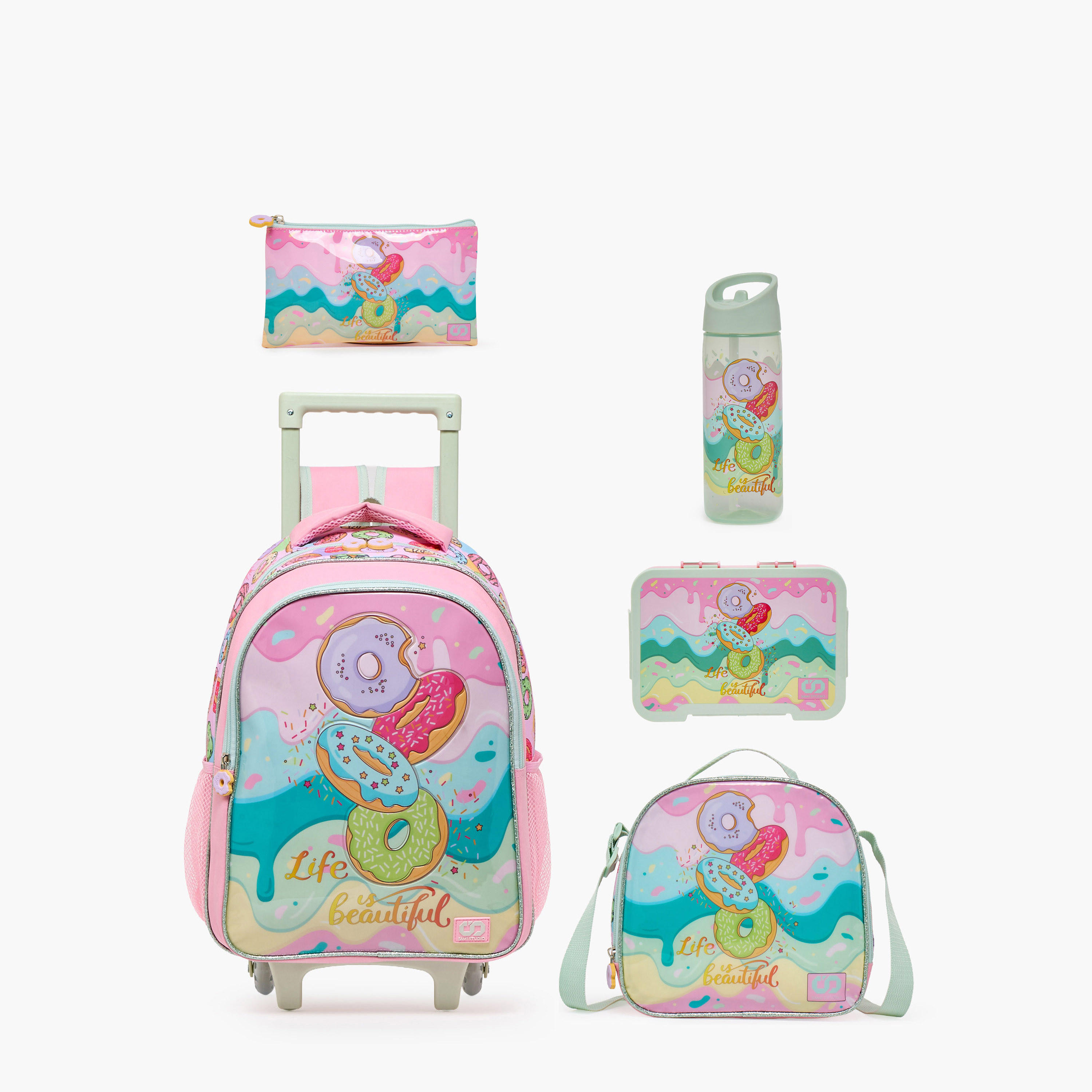 SAMI STUDIO Printed 5-Piece School Trolley Bag Set for Girls 5-8 Years with Lunch Bag - 16 inches-school-bagsandbackpacks-trolleybags-image-2