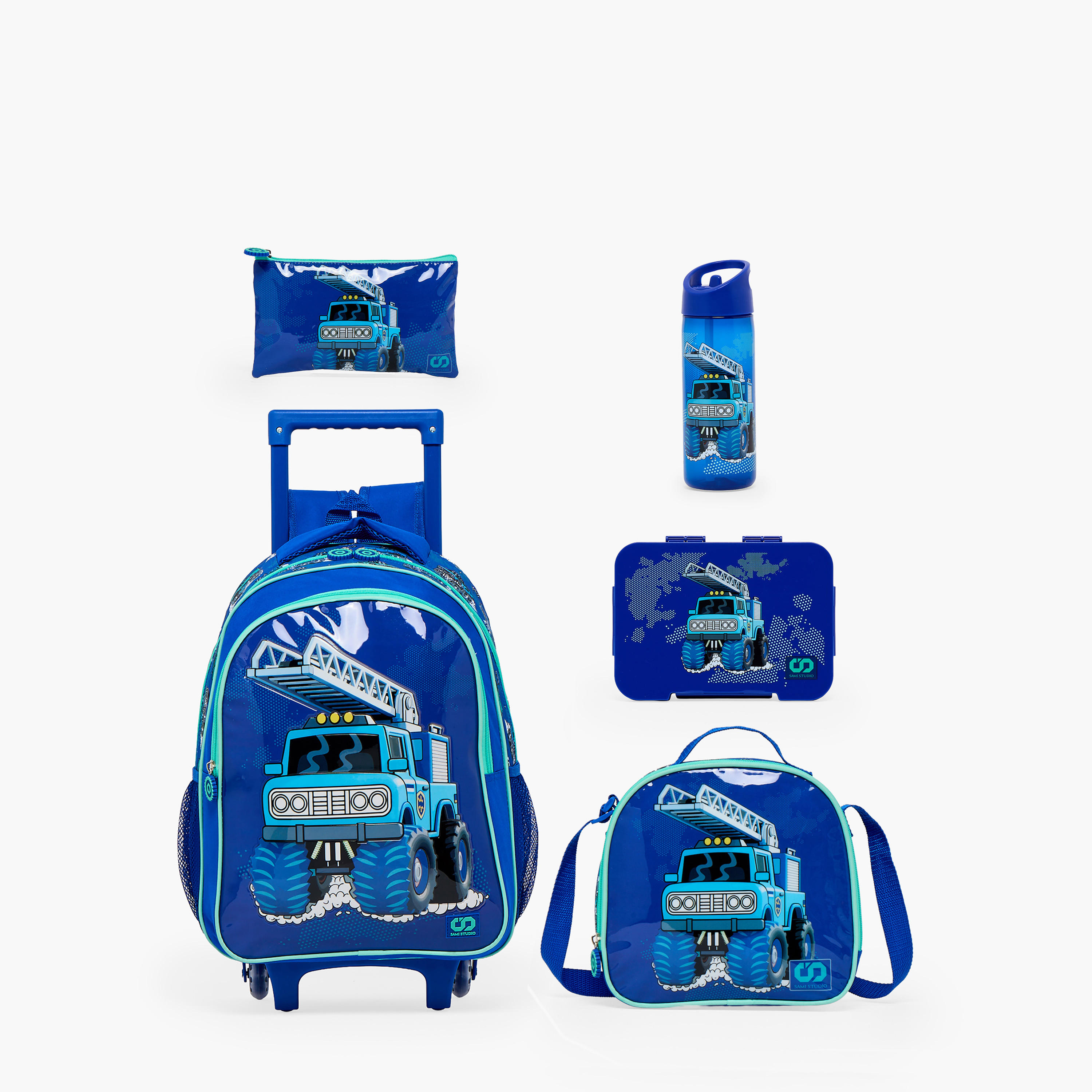SAMI STUDIO Truck Print 5-Piece School Trolley Bag Set for Boys 5-8 Years with Lunch Bag - 16 inches-school-bagsandbackpacks-trolleybags-image-2