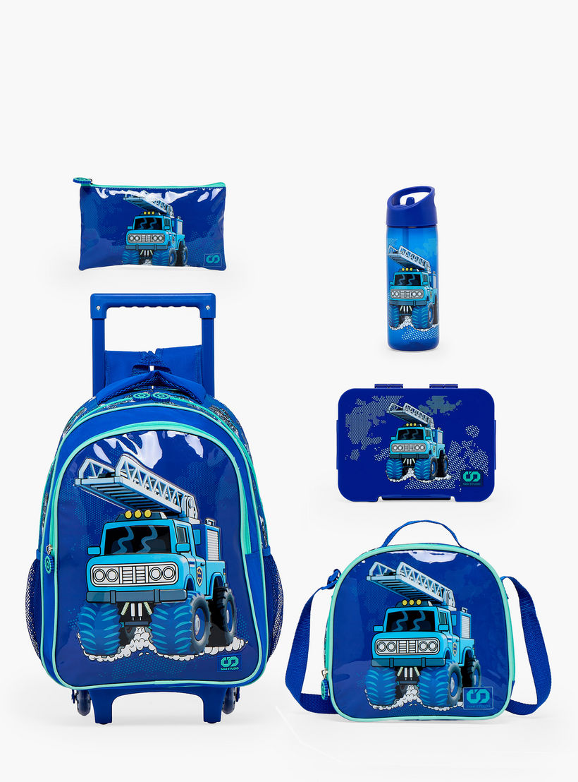 SAMI STUDIO Truck Print 5-Piece School Trolley Bag Set for Boys 5-8 Years with Lunch Bag - 16 inches-school-bagsandbackpacks-trolleybags-image-2