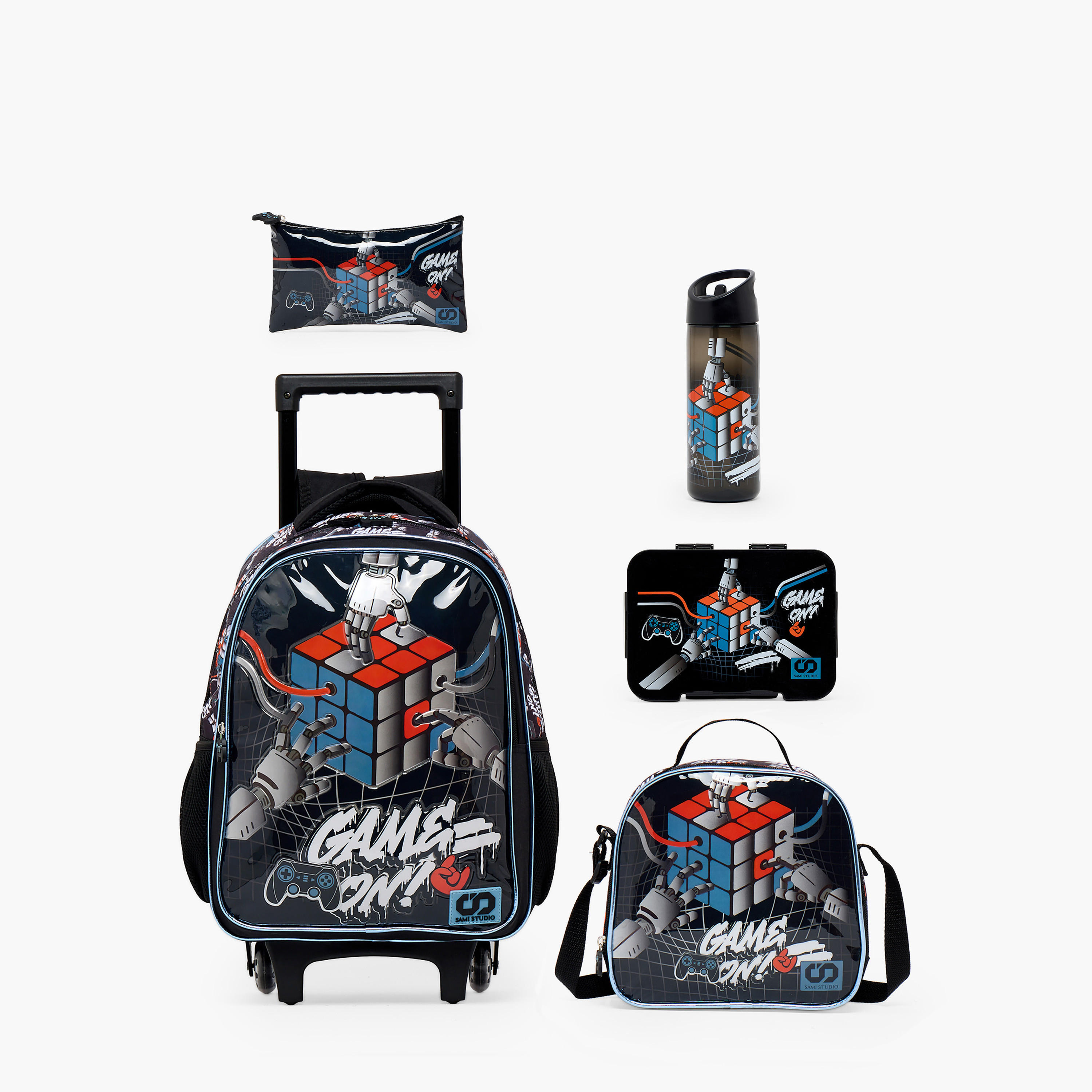 SAMI STUDIO Rubiks Print 5-Piece School Trolley Bag Set for Boys 5-8 Years with Lunch Bag -16 inches-school-bagsandbackpacks-trolleybags-image-2