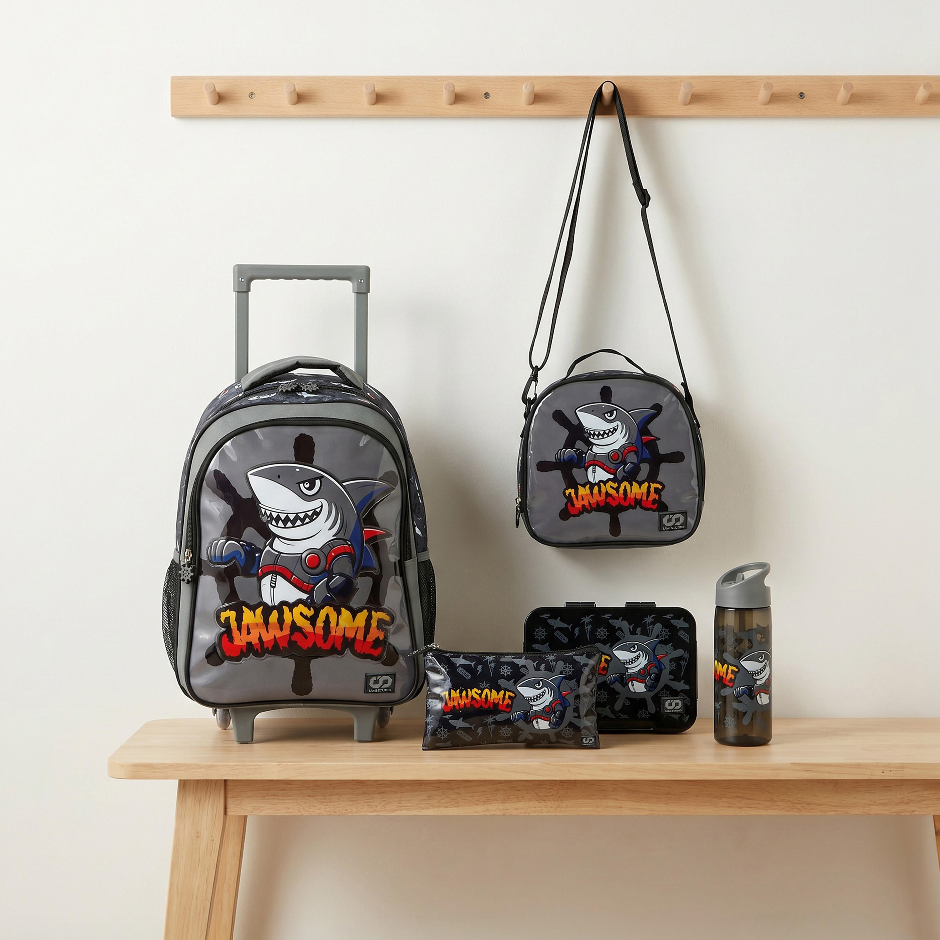 SAMI STUDIO Shark Print 5-Piece School Trolley Bag Set for Boys 5-8 Years with Lunch Box - 16 inches-school-bagsandbackpacks-trolleybags-image-1