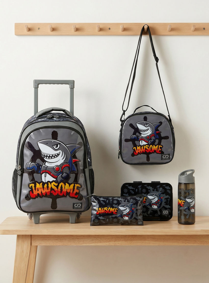 SAMI STUDIO Shark Print 5-Piece School Trolley Bag Set for Boys 5-8 Years with Lunch Box - 16 inches-school-bagsandbackpacks-trolleybags-image-1