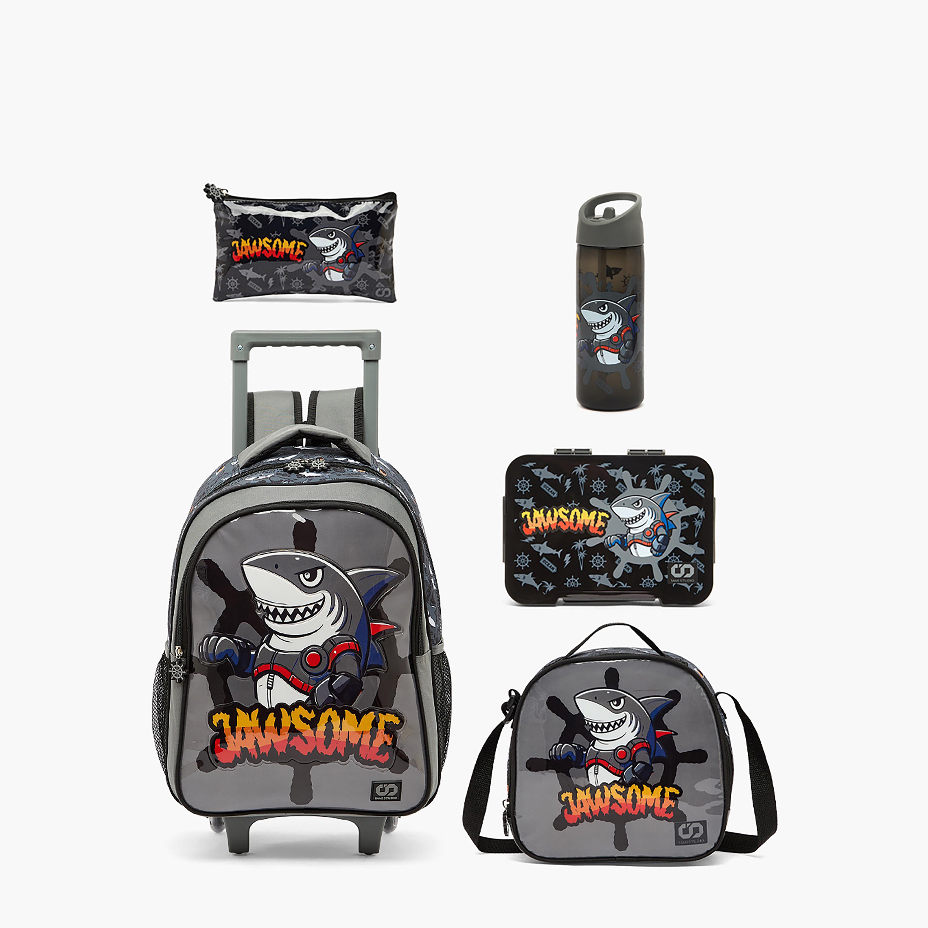 SAMI STUDIO Shark Print 5-Piece School Trolley Bag Set for Boys 5-8 Years with Lunch Box - 16 inches-school-bagsandbackpacks-trolleybags-image-2