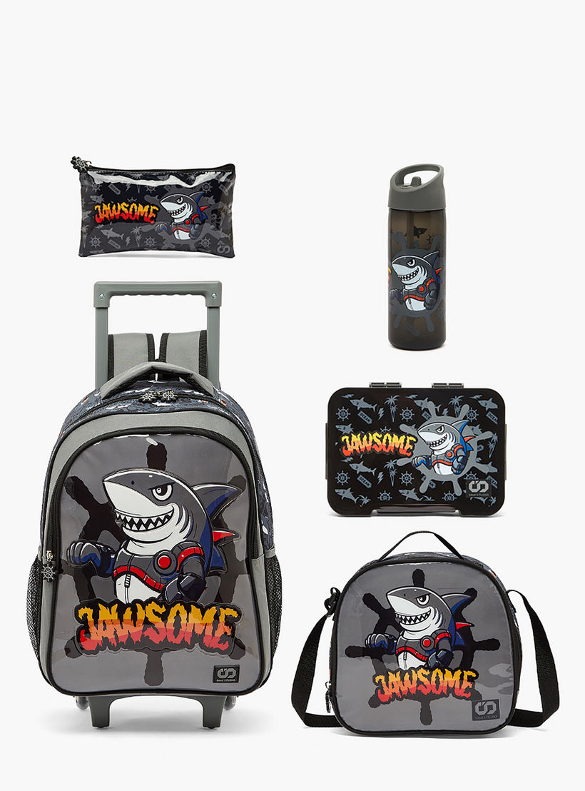 SAMI STUDIO Shark Print 5-Piece School Trolley Bag Set for Boys 5-8 Years with Lunch Box - 16 inches-school-bagsandbackpacks-trolleybags-image-2