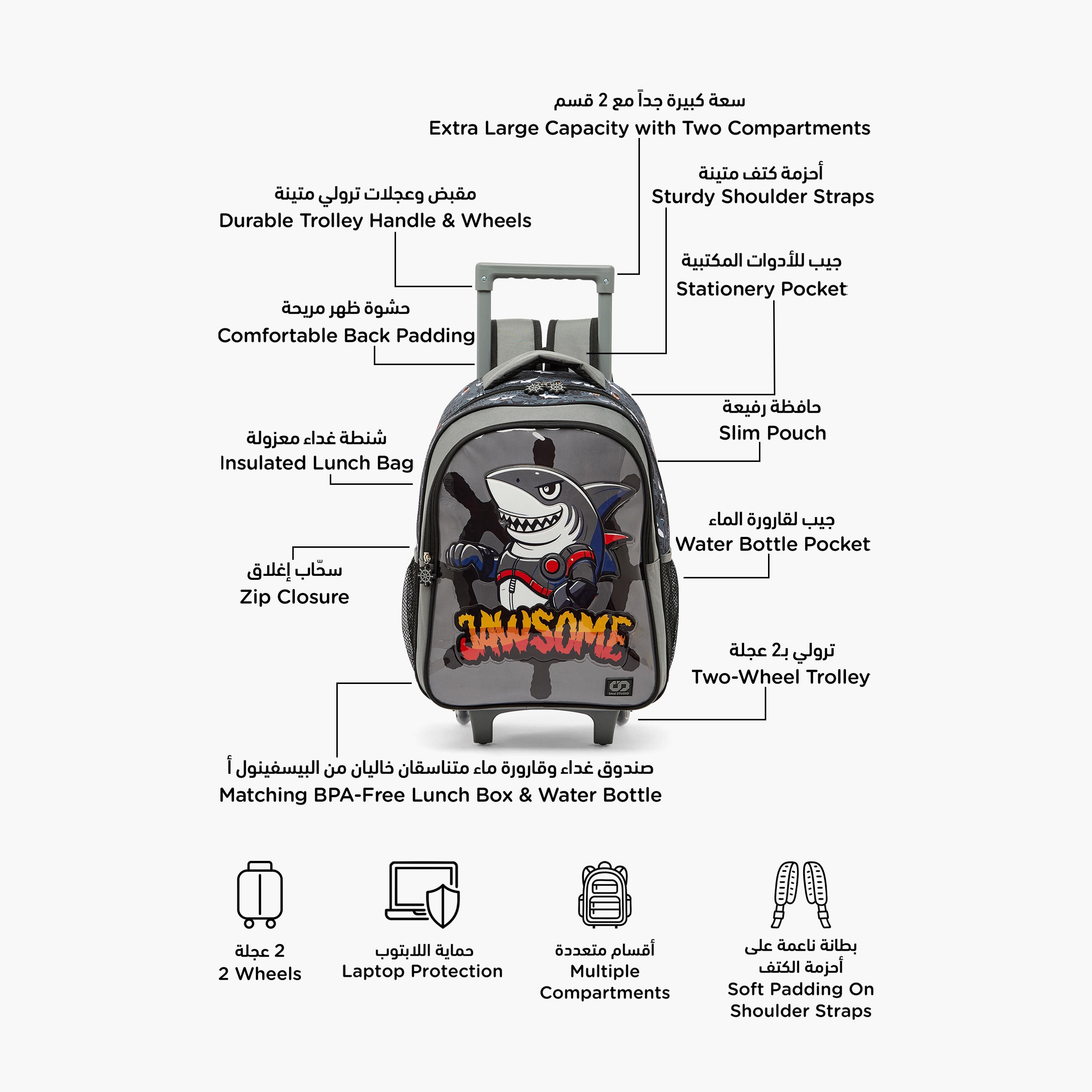 SAMI STUDIO Shark Print 5-Piece School Trolley Bag Set for Boys 5-8 Years with Lunch Box - 16 inches-school-bagsandbackpacks-trolleybags-image-3
