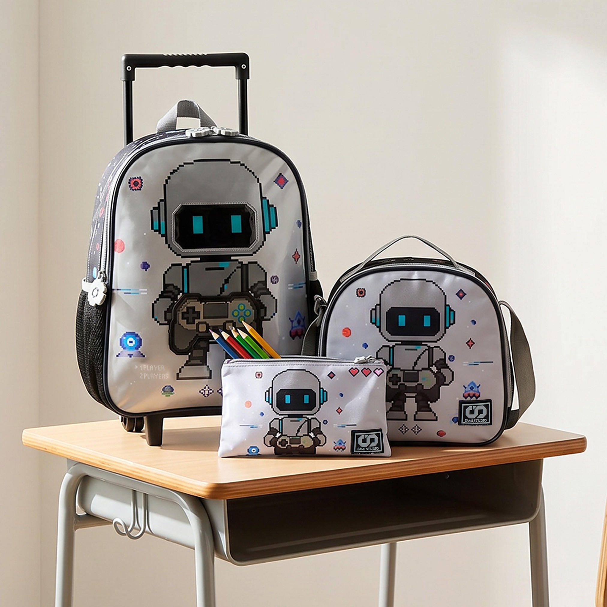 SAMI STUDIO Robot Print 3-Piece School Trolley Bag Set for Boys 2-5 Years with Lunch Bag - 12 inches-school-bagsandbackpacks-trolleybags-image-1