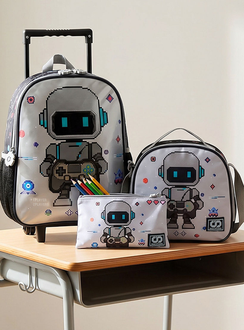 SAMI STUDIO Robot Print 3-Piece School Trolley Bag Set for Boys 2-5 Years with Lunch Bag - 12 inches-school-bagsandbackpacks-trolleybags-image-1