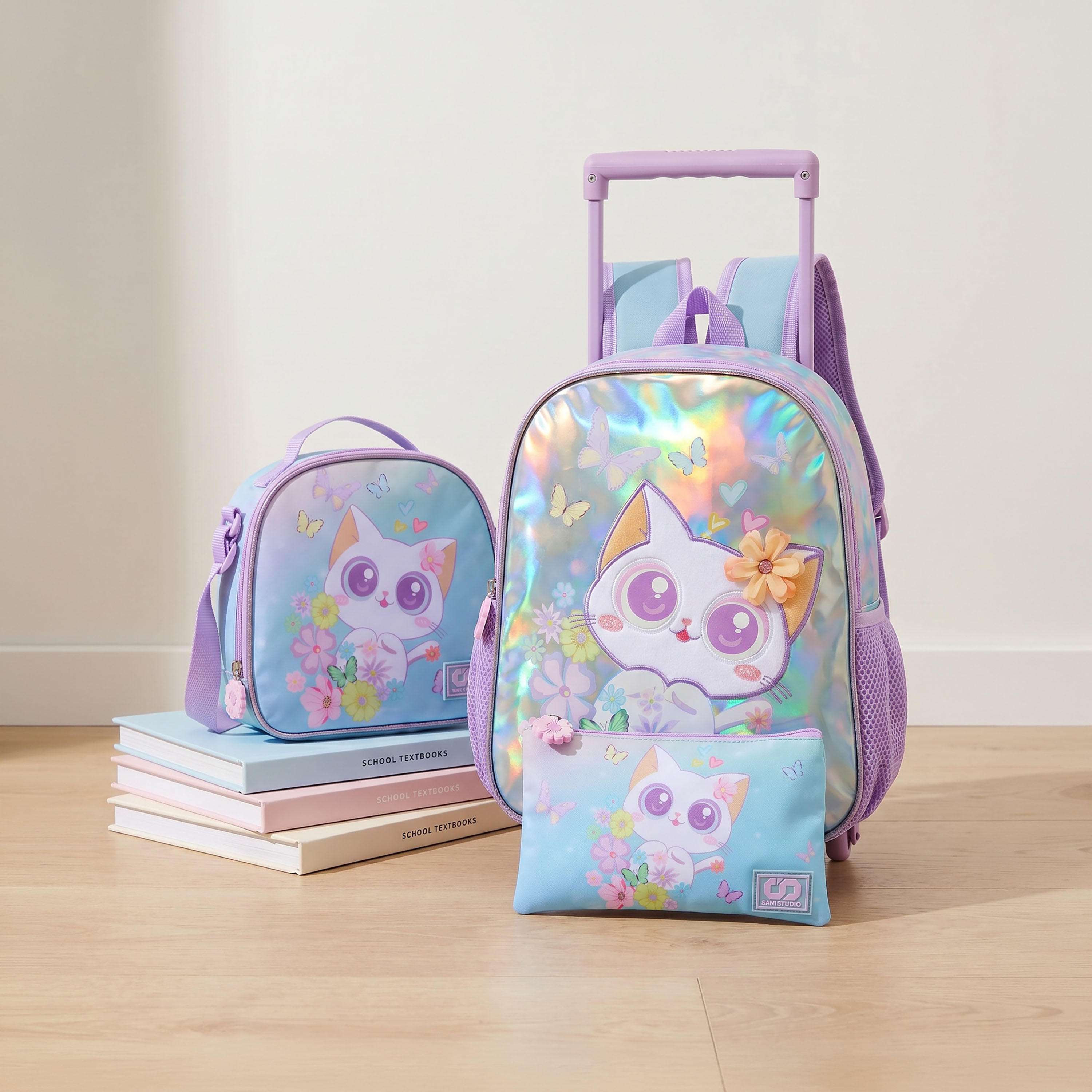 SAMI STUDIO Cat Print 3-Piece School Trolley Bag Set for Girls 2-5 Years with Lunch Bag - 12 inches-school-bagsandbackpacks-trolleybags-image-1