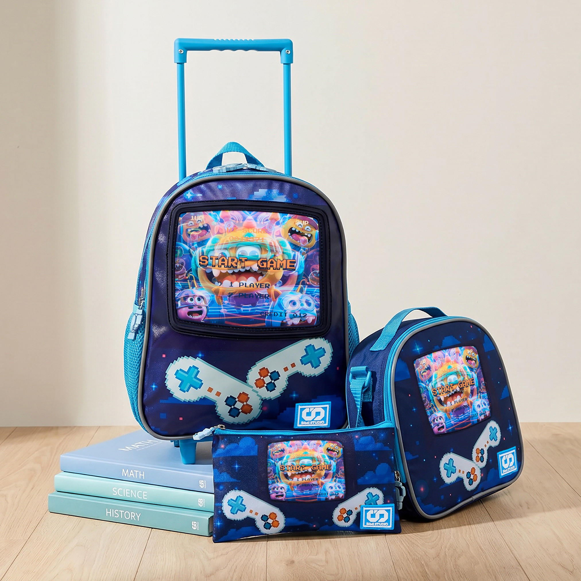 SAMI STUDIO Game Print 3-Piece School Trolley Bag Set for Boys 2-5 Years with Lunch Bag - 12 inches-school-bagsandbackpacks-trolleybags-image-1