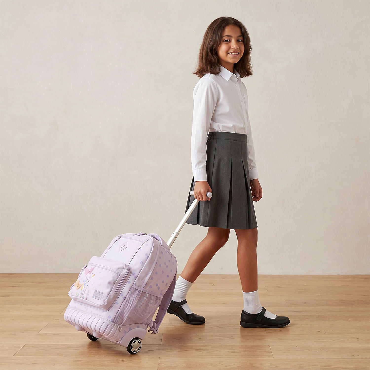 شنطة ترولي بسحاب إغلاق للبنات 8 -13 سنة وبطبعات زهرية من سامي ستوديو - 17 بوصة-school-bagsandbackpacks-trolleybags-image-3