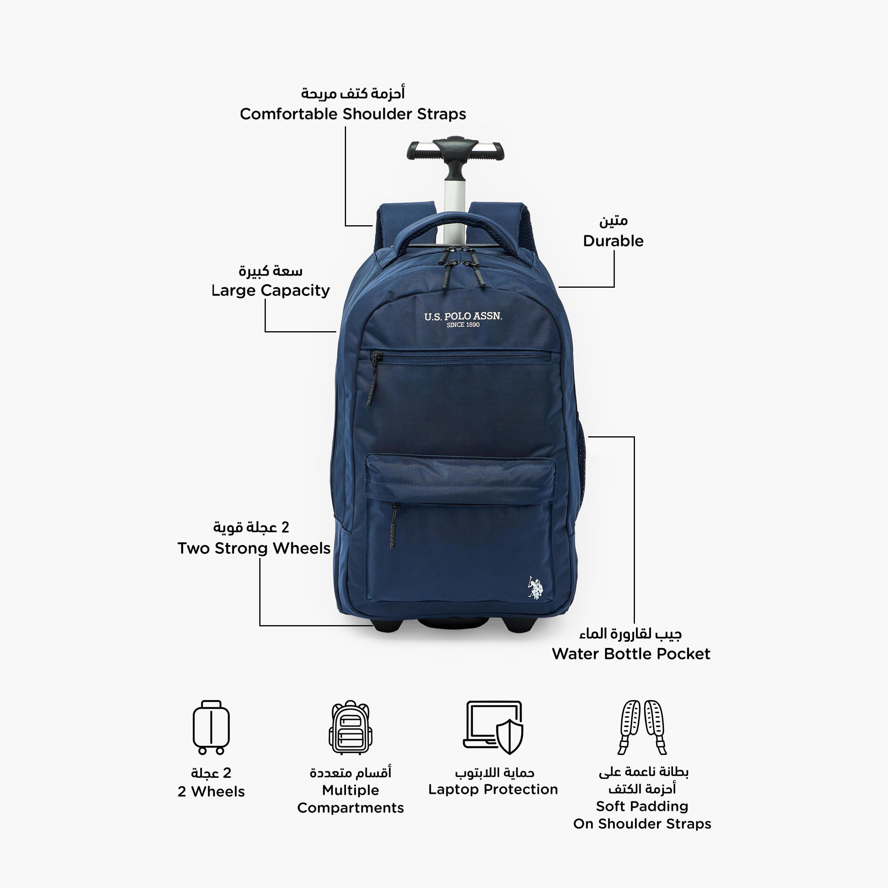 US POLO ASSN. Solid Trolley Backpack for Boys 8-13 Years with Retractable Handle - 19 inches-school-bagsandbackpacks-trolleybags-image-2