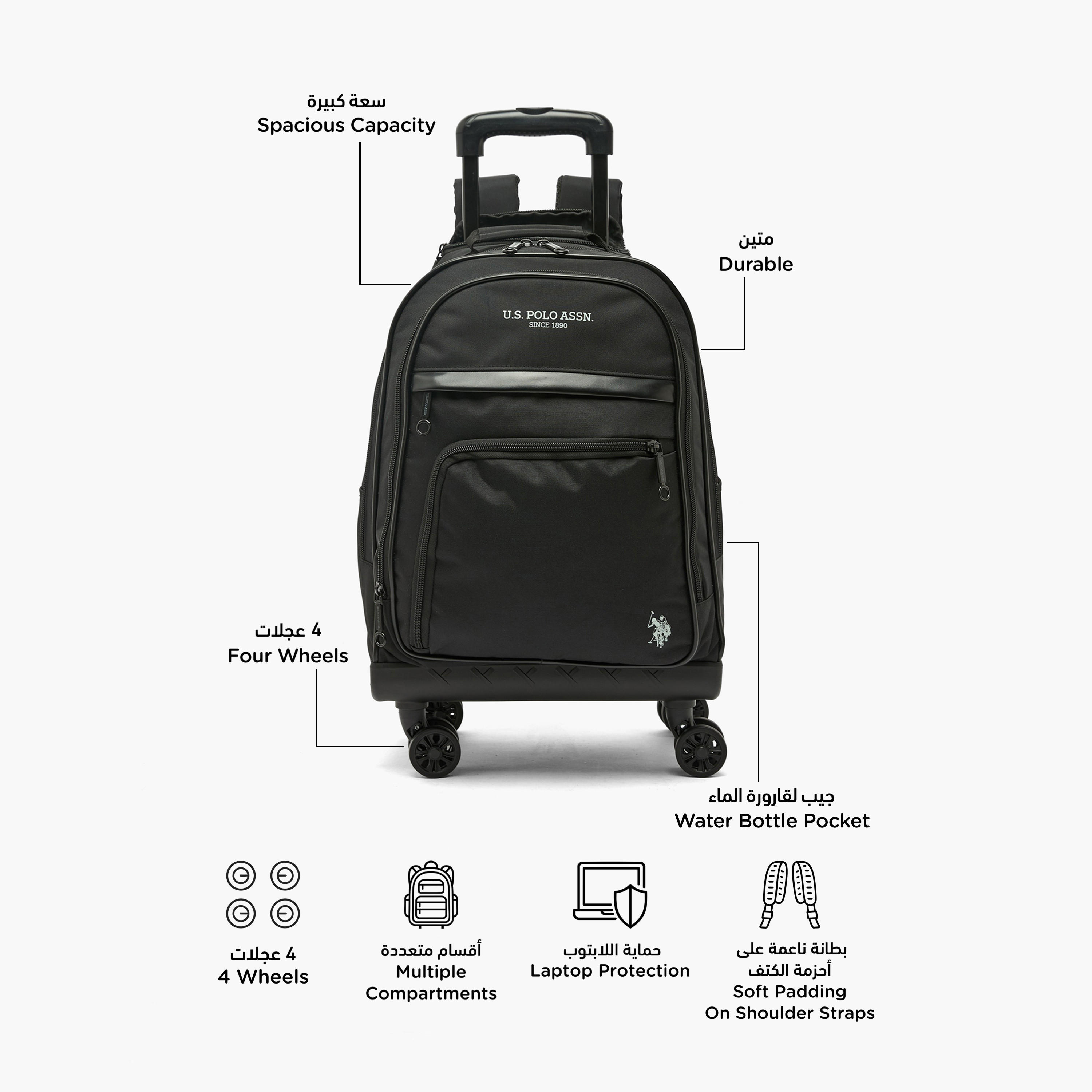 US POLO ASSN. Solid Trolley Backpack for Boys 8-13 Years with Retractable Handle - 18 inches-school-bagsandbackpacks-trolleybags-image-2