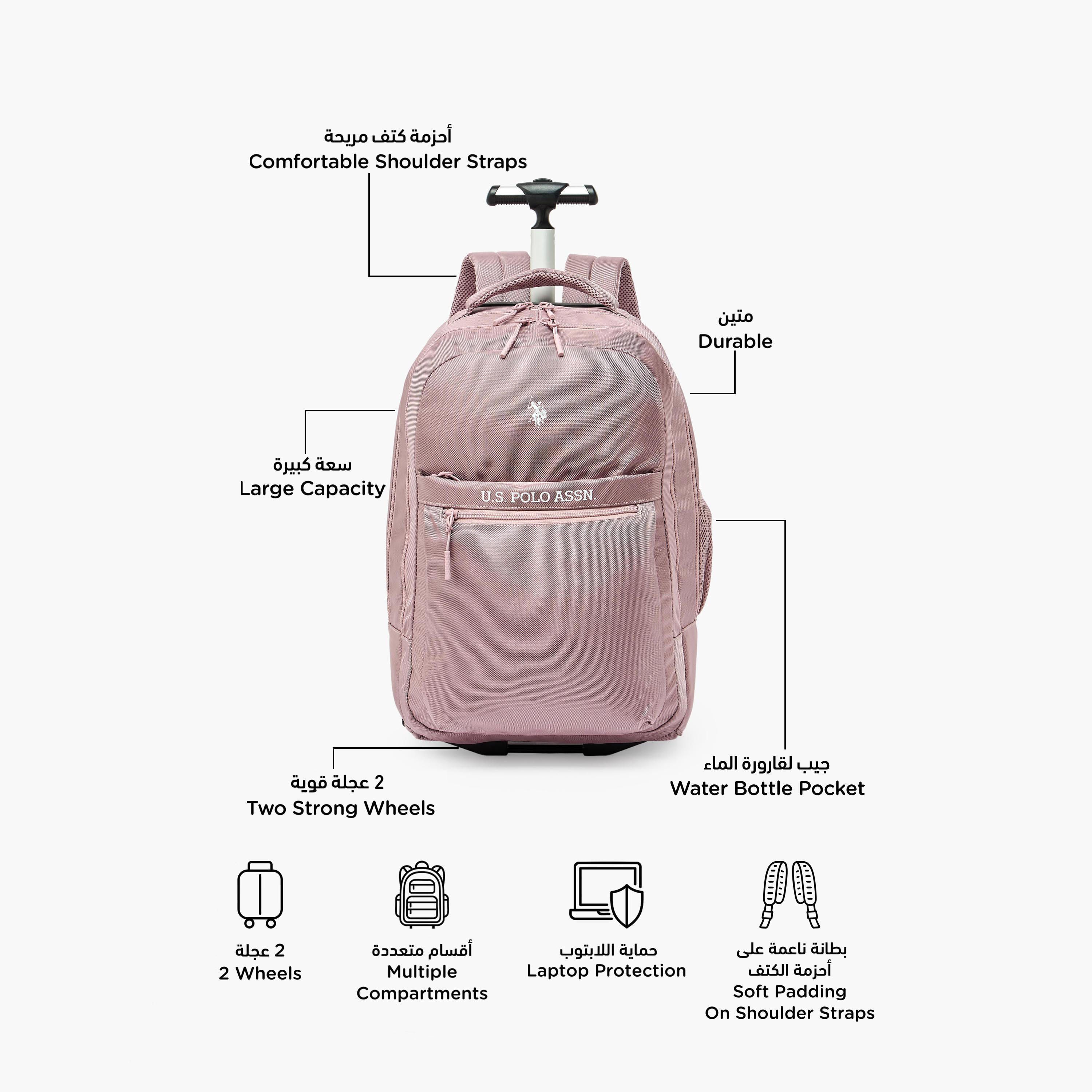 US POLO ASSN. Solid Trolley Backpack for Girls 8-13 Years with Retractable Handle - 19 inches-school-bagsandbackpacks-trolleybags-image-2