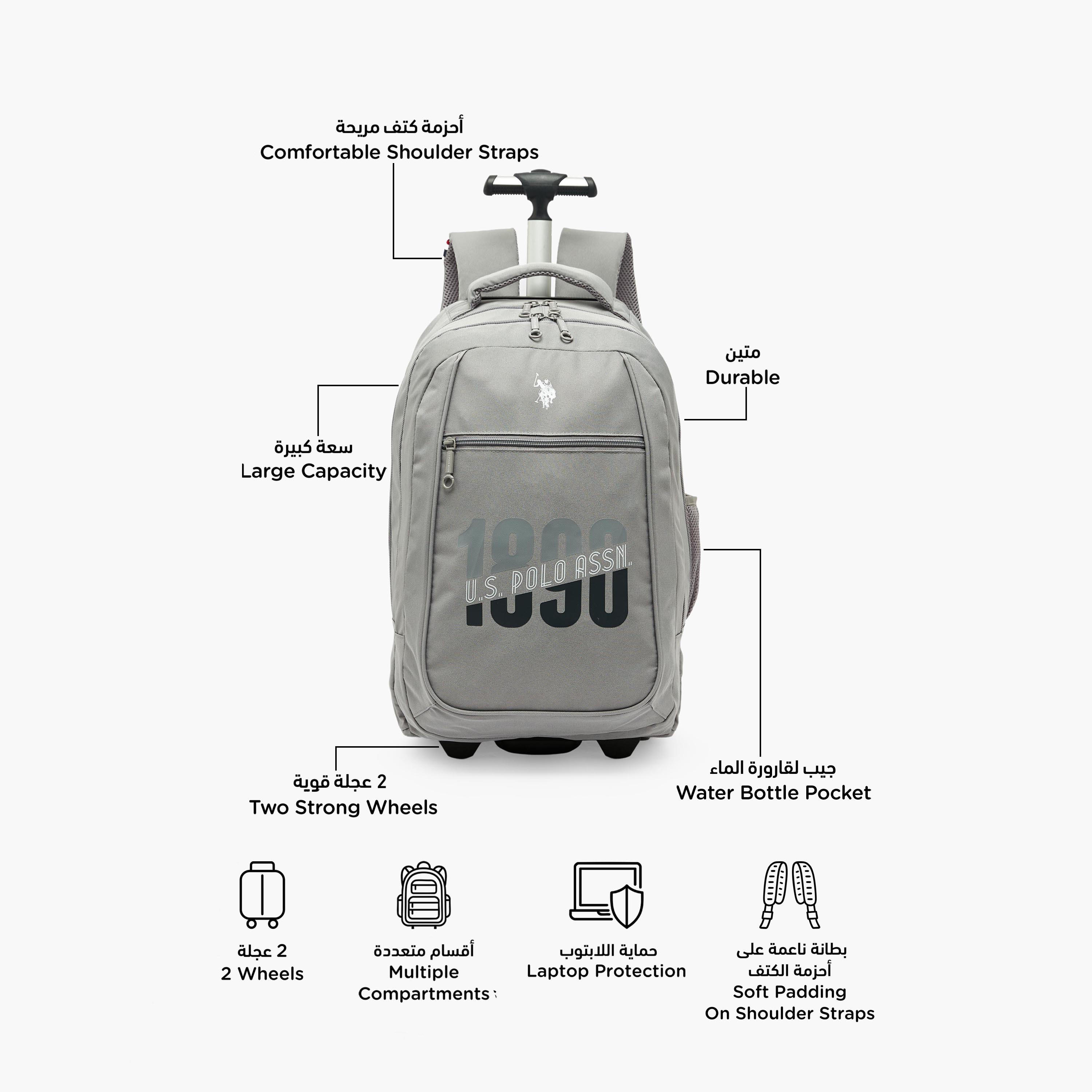 US POLO ASSN. Logo Print Trolley Backpack for Boys 8-13 Years with Retractable Handle - 19 inches-school-bagsandbackpacks-trolleybags-image-2
