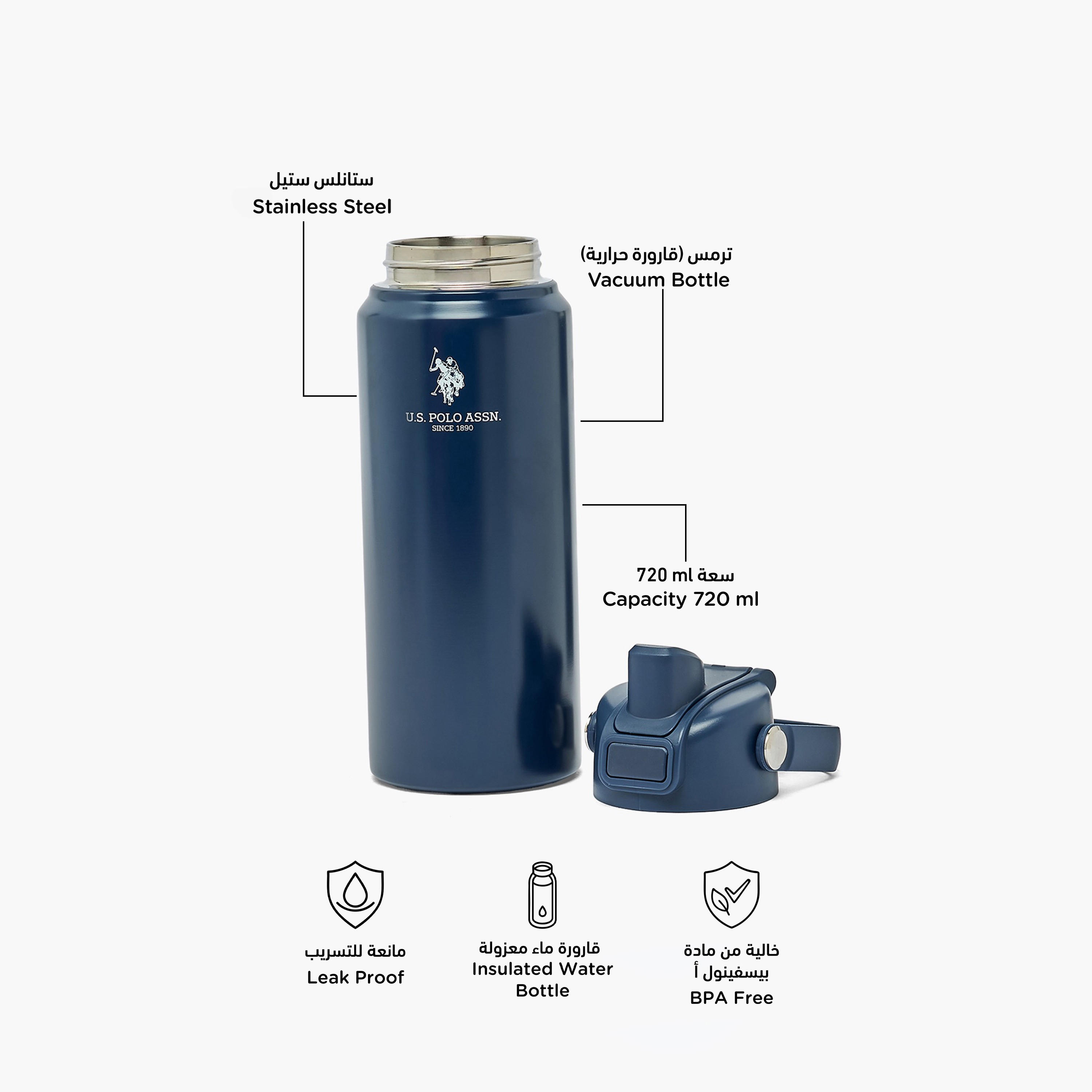 US POLO ASSN. Solid Stainless Steel Water Bottle with Spout and Handle - 720 ml-school-waterbottles-image-2