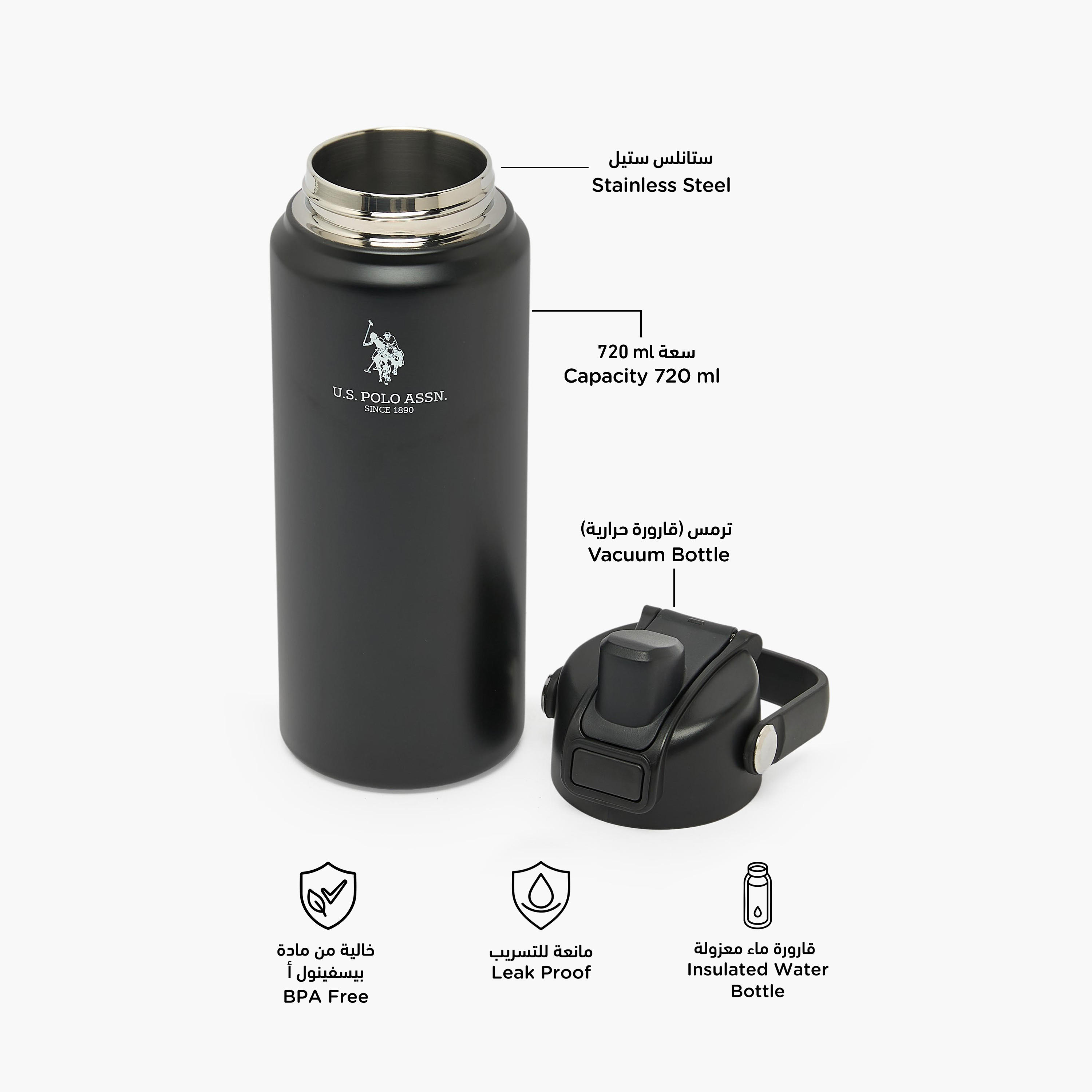 US POLO ASSN. Solid Stainless Steel Water Bottle with Spout and Handle - 720 ml-school-waterbottles-image-2