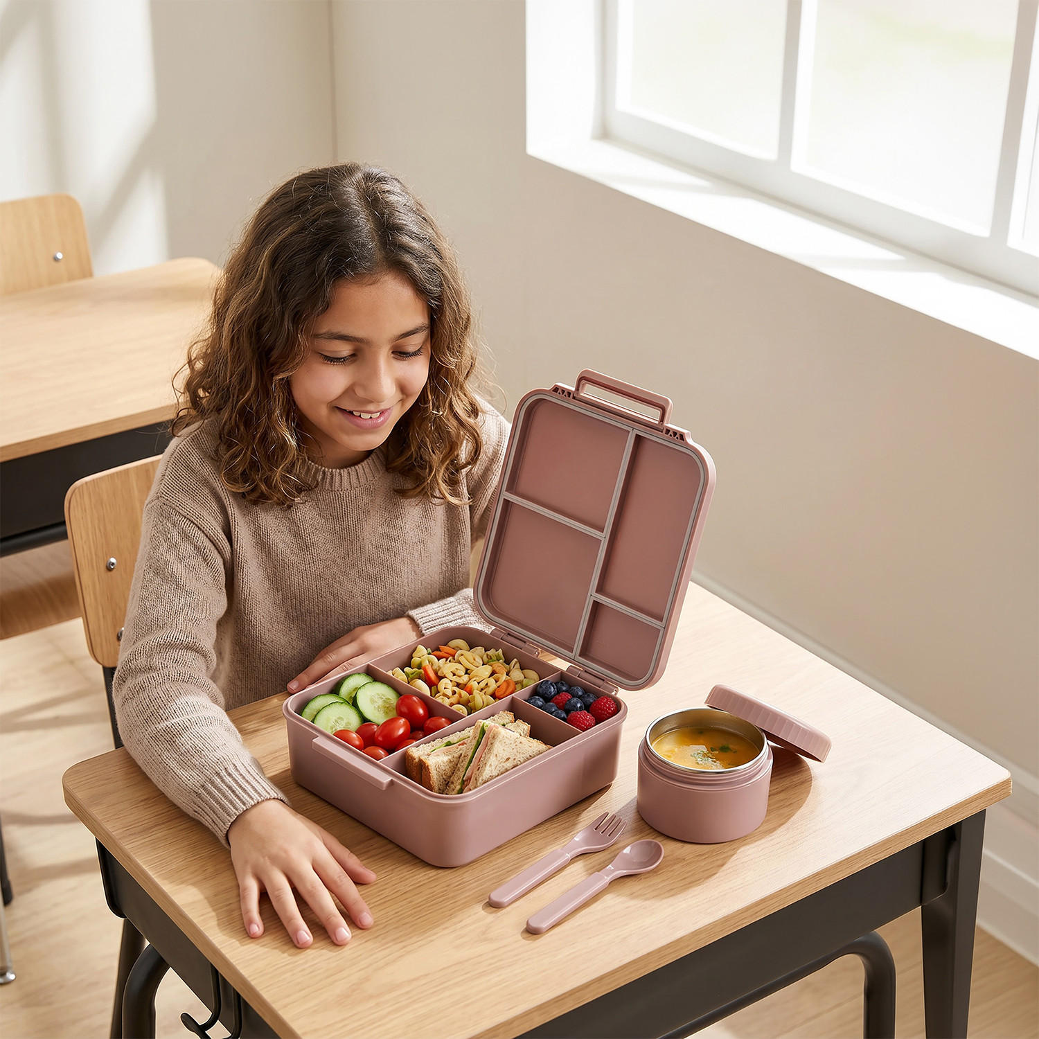 صندوق غداء بينتو سادة للبنات مع وعاء للشوربة وأدوات مائدة من يو إس بولو أسن - 1.7 لتر-school-lunchessentials-lunchboxes-image-3