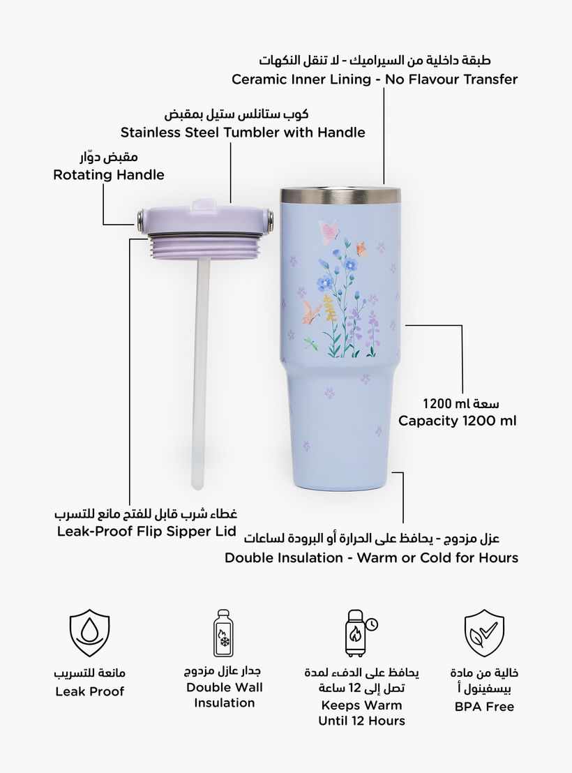 SAMI STUDIO Floral Print Stainless Steel Water Bottle with Flip Spout and Handle - 1.2 L-school-waterbottles-image-2