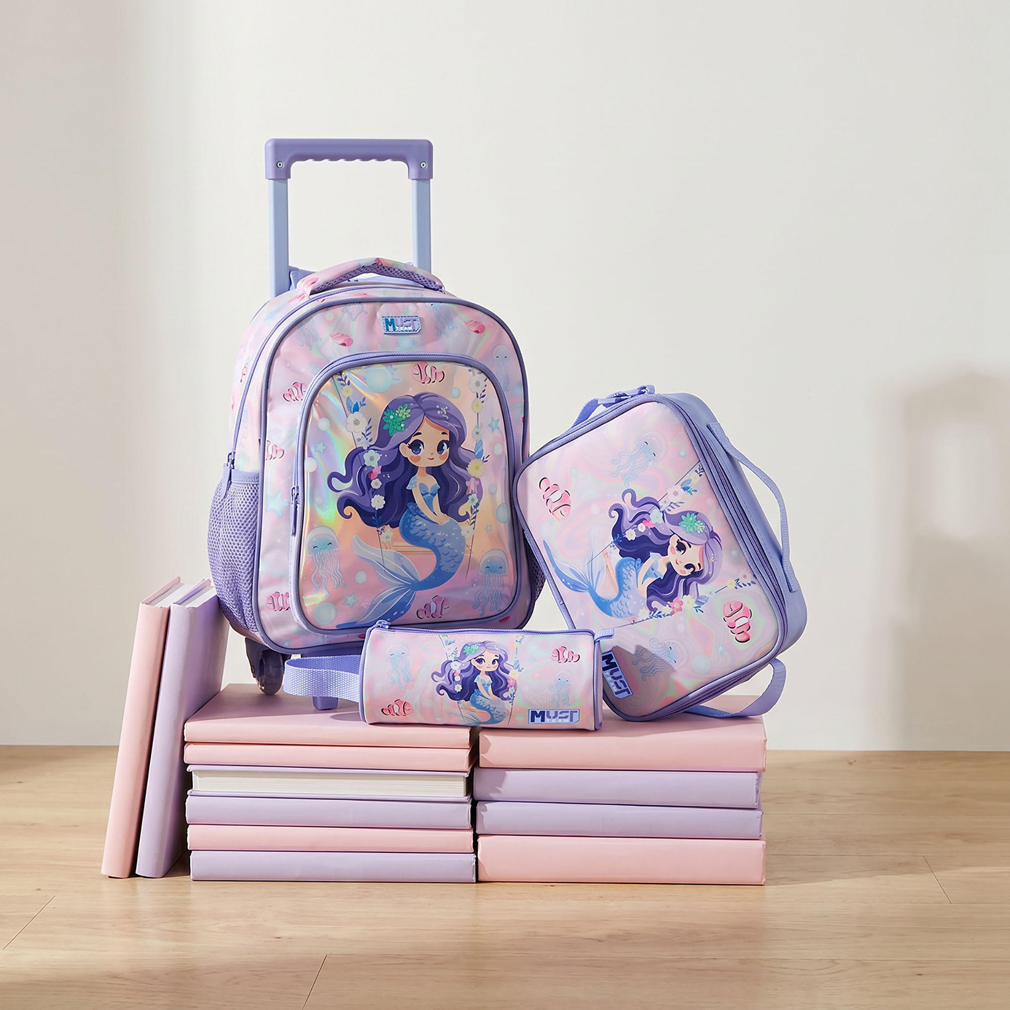 طقم شنطة ترولي مدرسية 3 قطع للبنات 5-8 سنوات مع شنطة غداء وطبعات من مست تيم - 12 بوصة-school-bagsandbackpacks-trolleybags-image-1