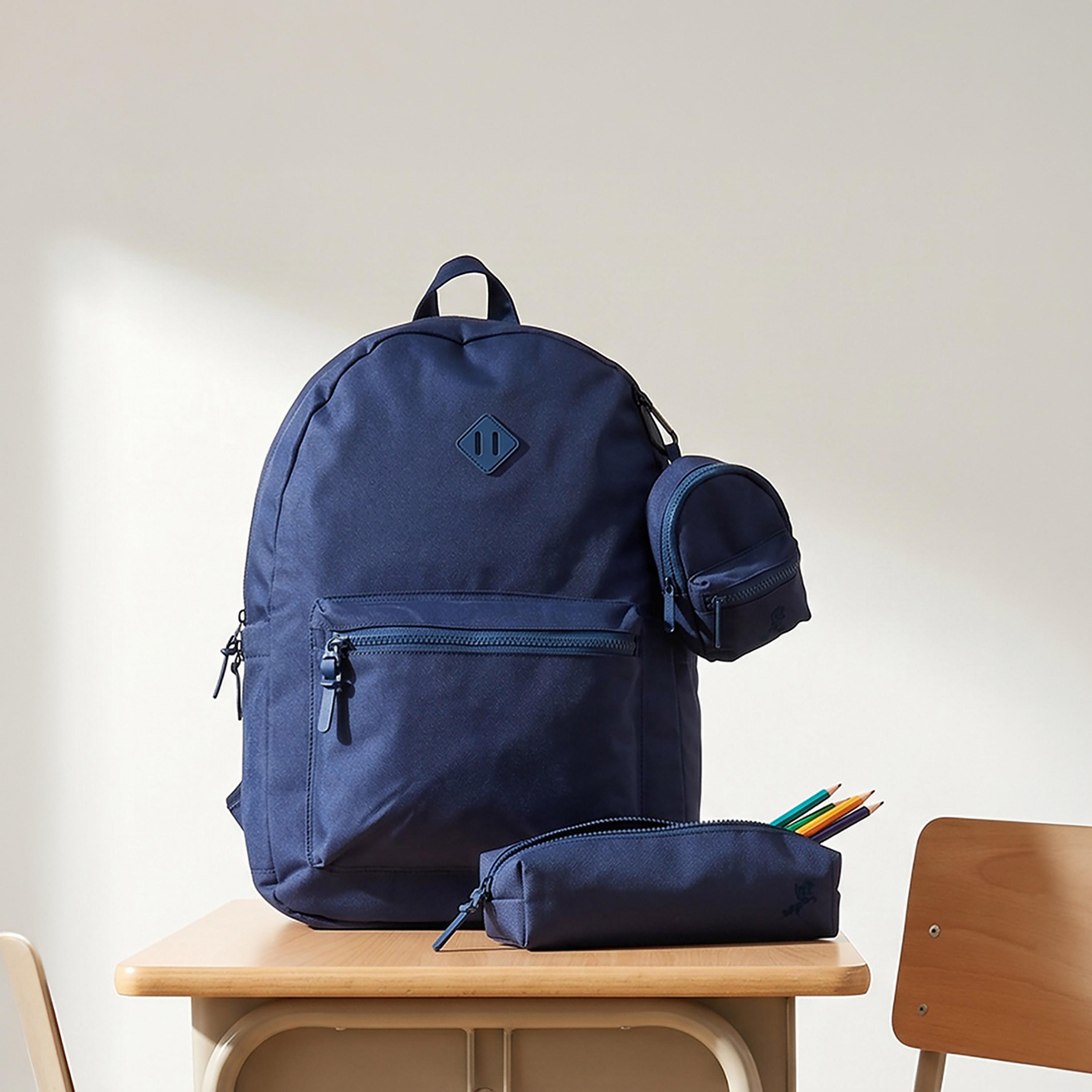 طقم شنطة ظهر مدرسية سادة للأطفال من 8 إلى 13 سنة مع مقلمة وباوتش - 17 بوصة-school-bagsandbackpacks-backpacks-image-1