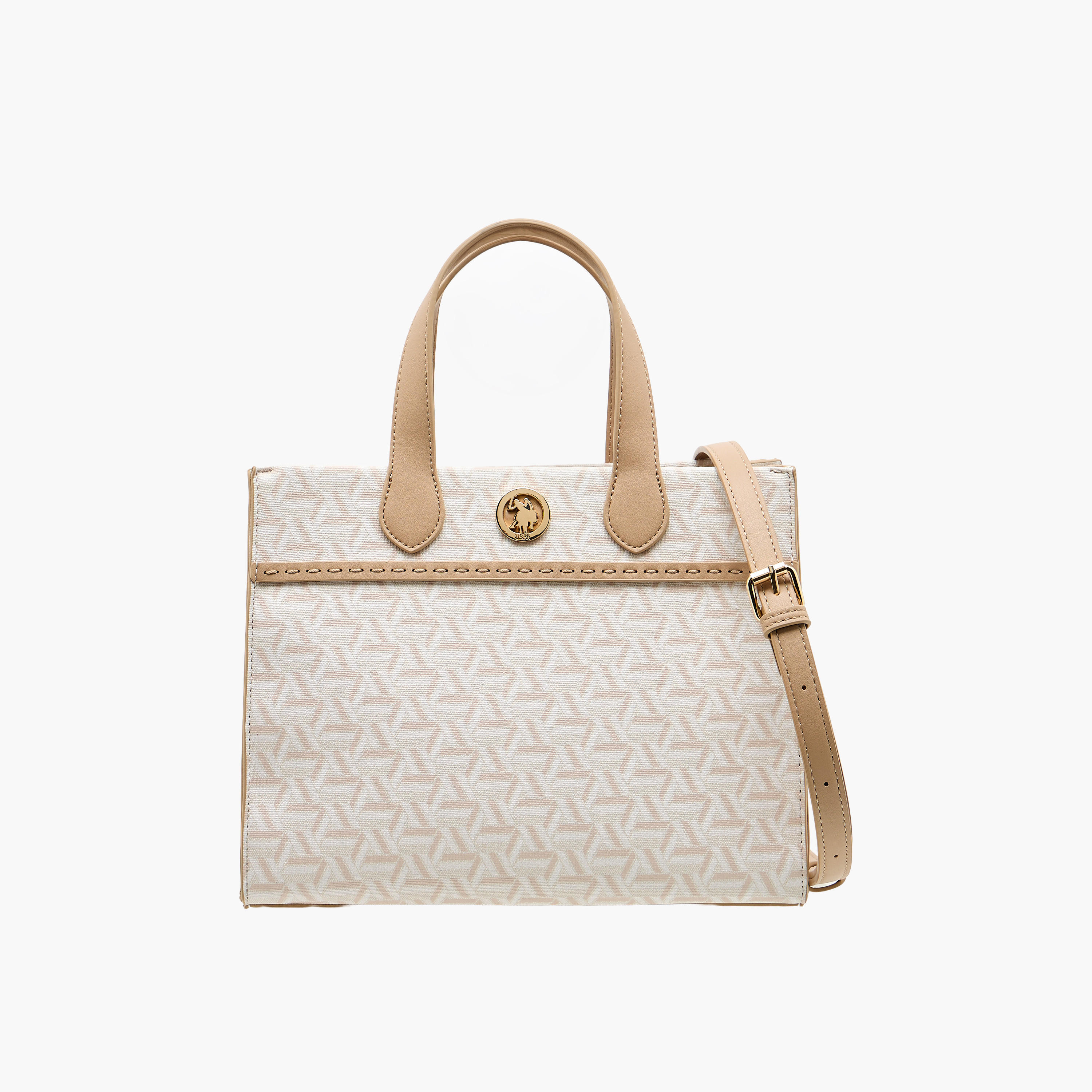US POLO ASSN. Geometric Print Tote Bag with Detachable Strap-women-bagsandwallets-handbags-image-1
