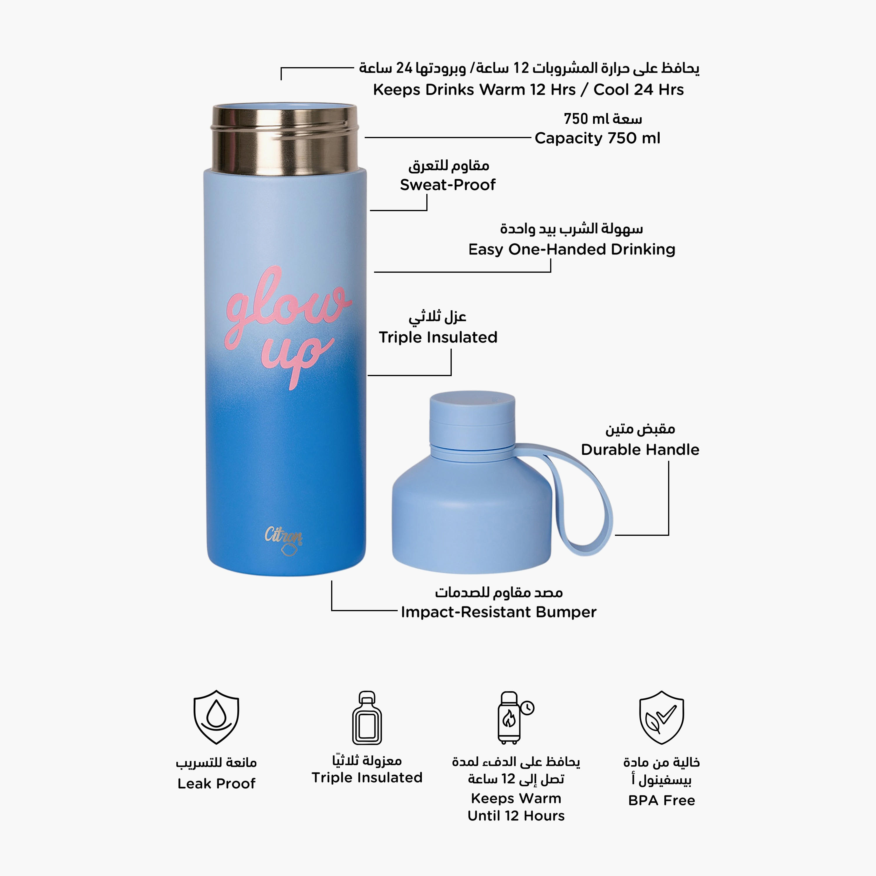 Glow Up Collection Water Bottle-750 Ml-Twisting Lid- (304 Stainless Steel) Blue \ 7.9X27-household-dining-drinkserveware-bottles-image-2