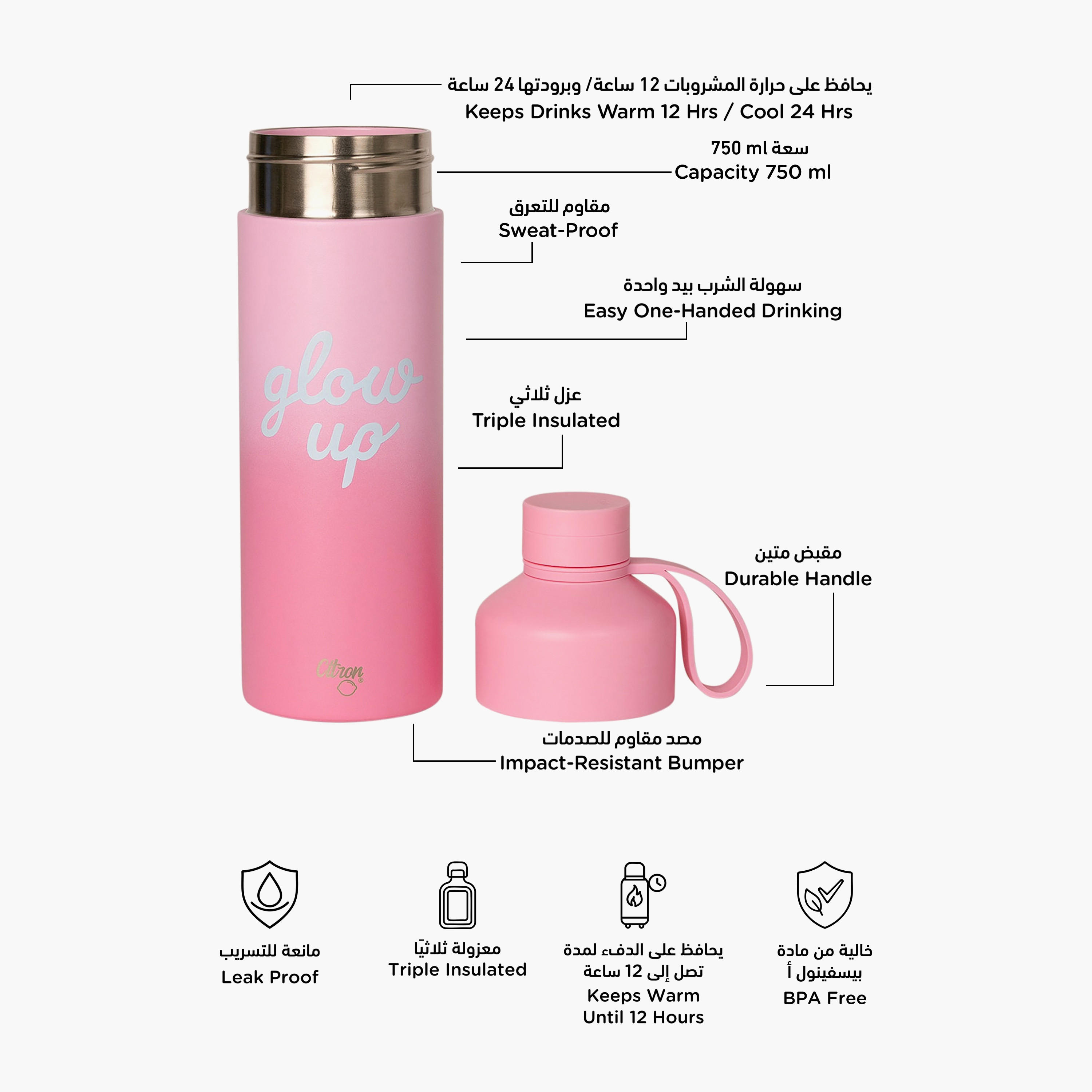 Glow Up Collection Water Bottle-750 Ml-Twisting Lid- (304 Stainless Steel) Pink \ 7.9X27-household-dining-drinkserveware-bottles-image-2