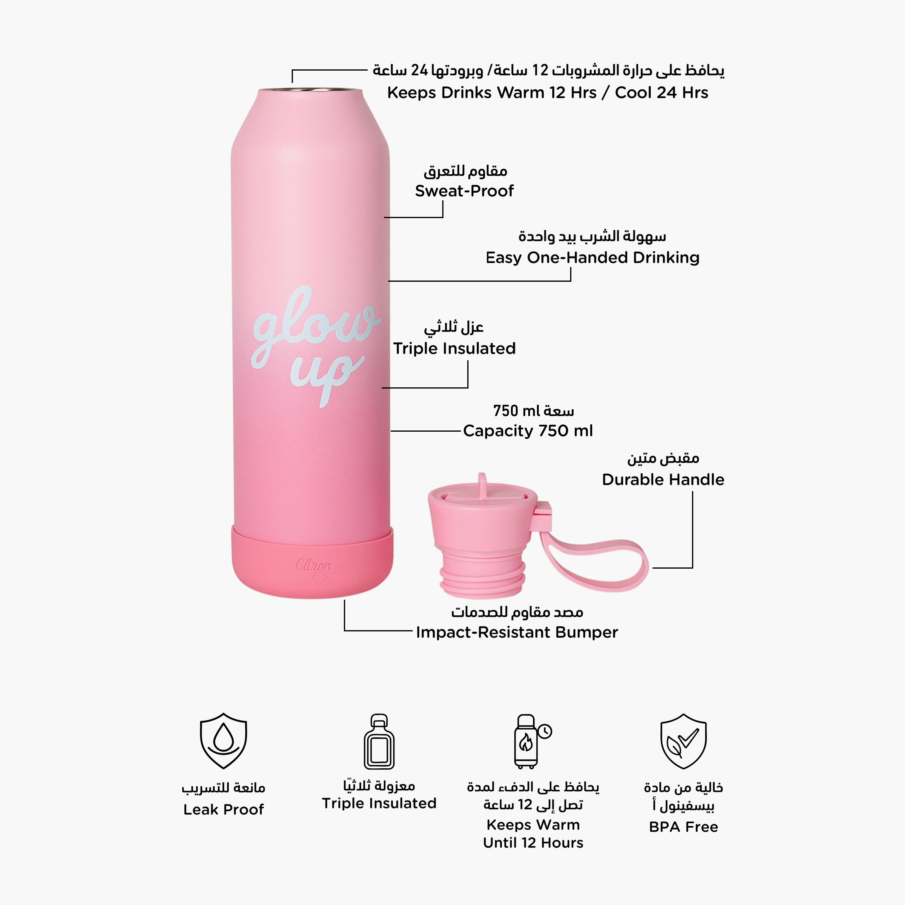 Glow Up Collection Water Bottle-750 Ml-Twisting Lid- (304 Stainless Steel) Multicolor \ 7X26.7-household-dining-drinkserveware-bottles-image-2