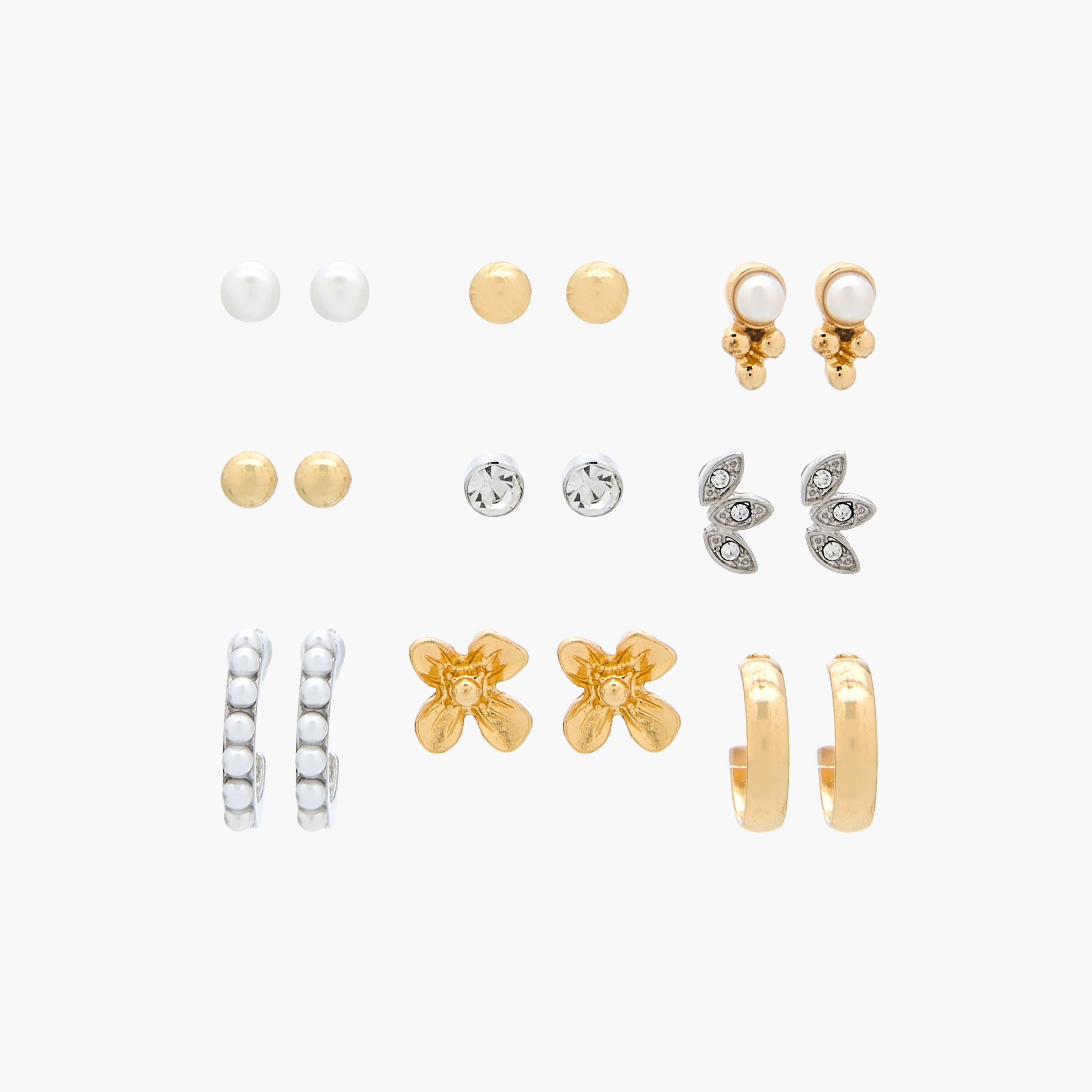 حلقان دبوس مزينة بلون ذهبي ومكبس إغلاق - عبوة 9 أزواج-women-watchesandjewellery-jewellery-earrings-image-1
