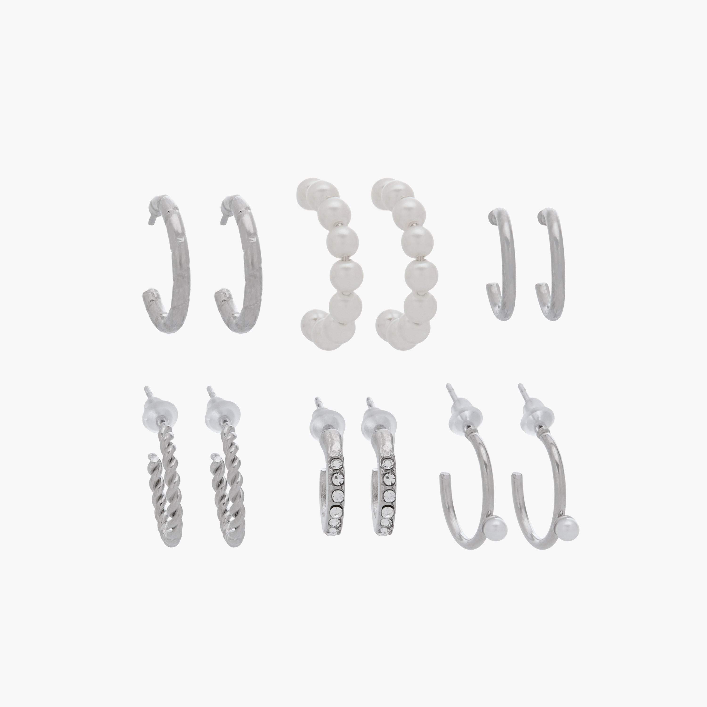 Pack of 6 Silver Tone Hoop Earrings with Pushback Closure-women-watchesandjewellery-jewellery-earrings-image-1