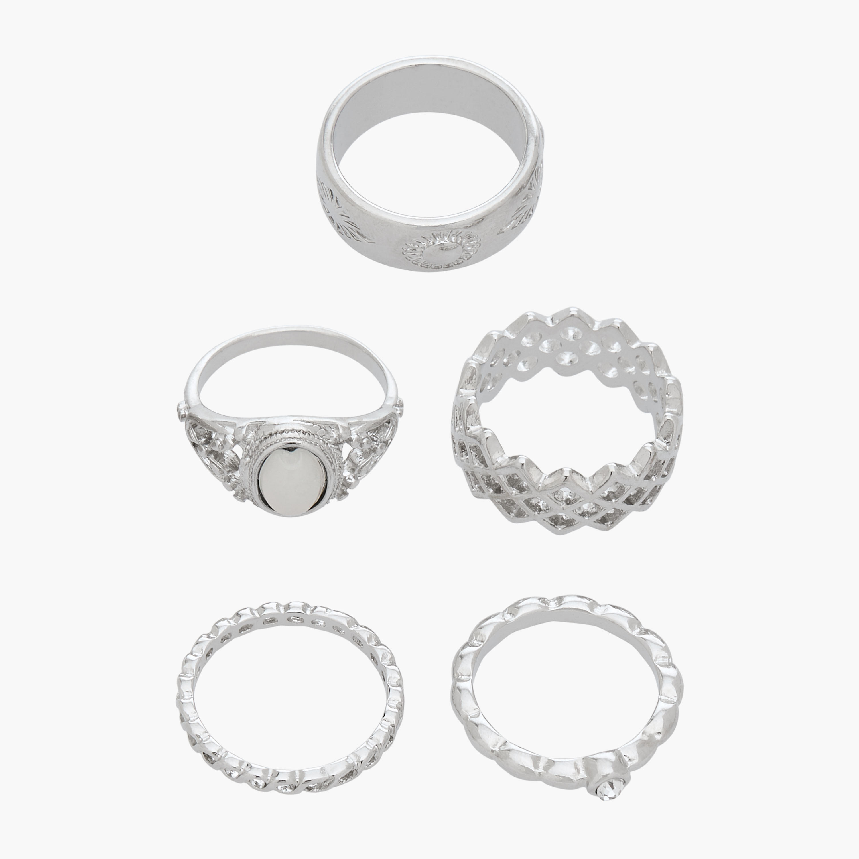 خواتم مزينة باللون الفضي - طقم 5 قطع-women-watchesandjewellery-jewellery-rings-image-1