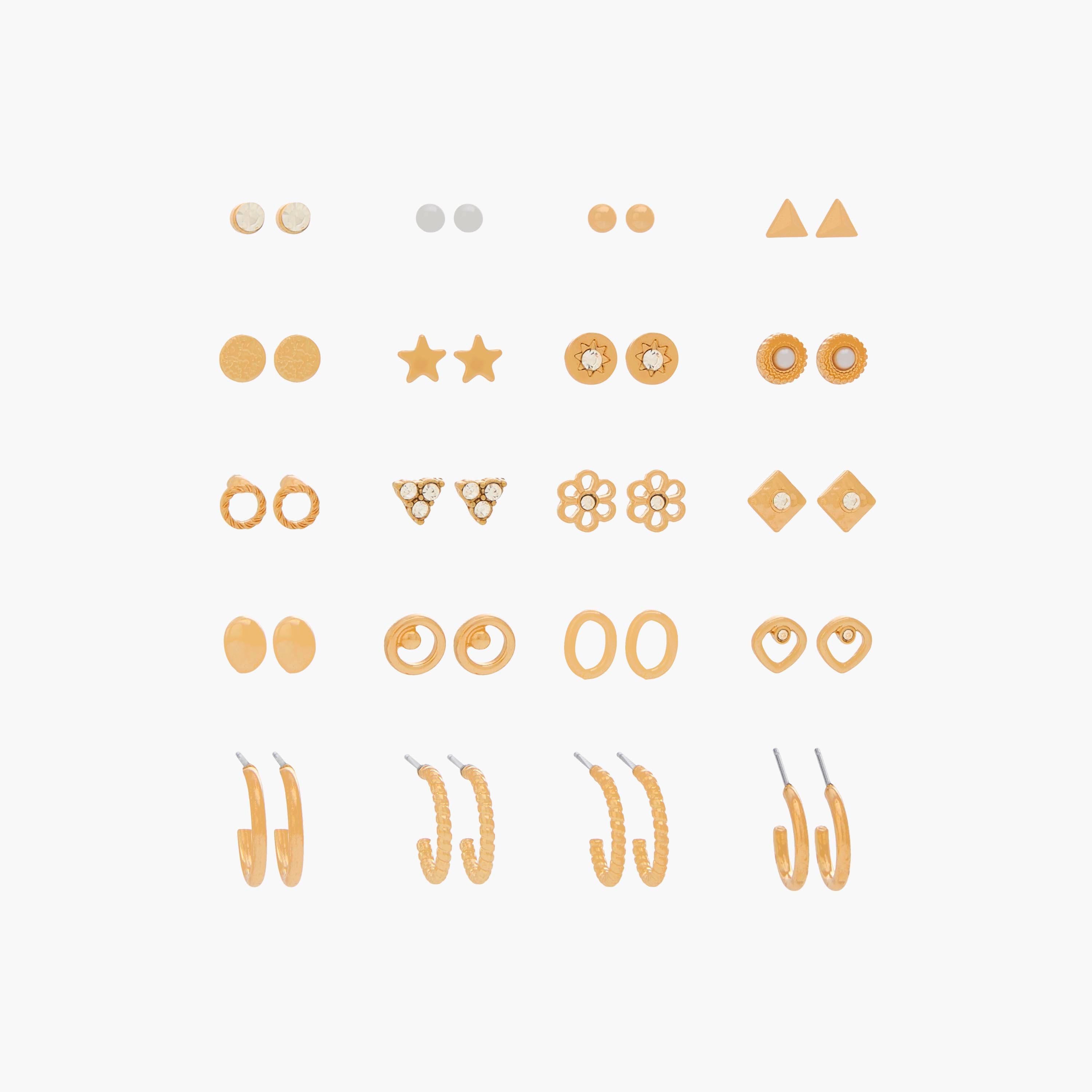 Pack of 20 Gold Tone Embellished Stud Earrings with Pushback Closure-women-watchesandjewellery-jewellery-earrings-image-1