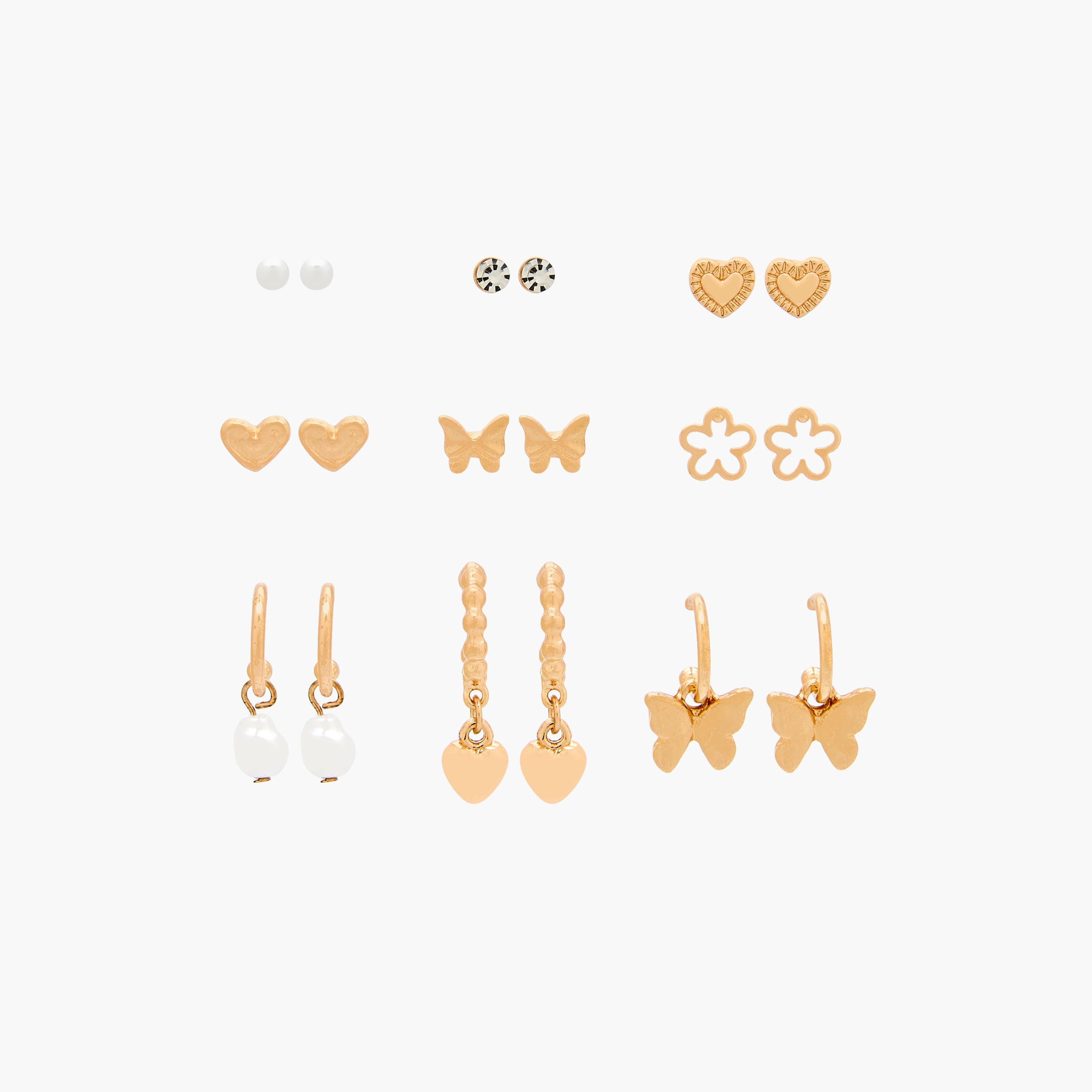 حلقان ذهبية اللون بتزيينات وبمكبس إغلاق خلفي - طقم من 9 أزواج-women-watchesandjewellery-jewellery-earrings-image-1