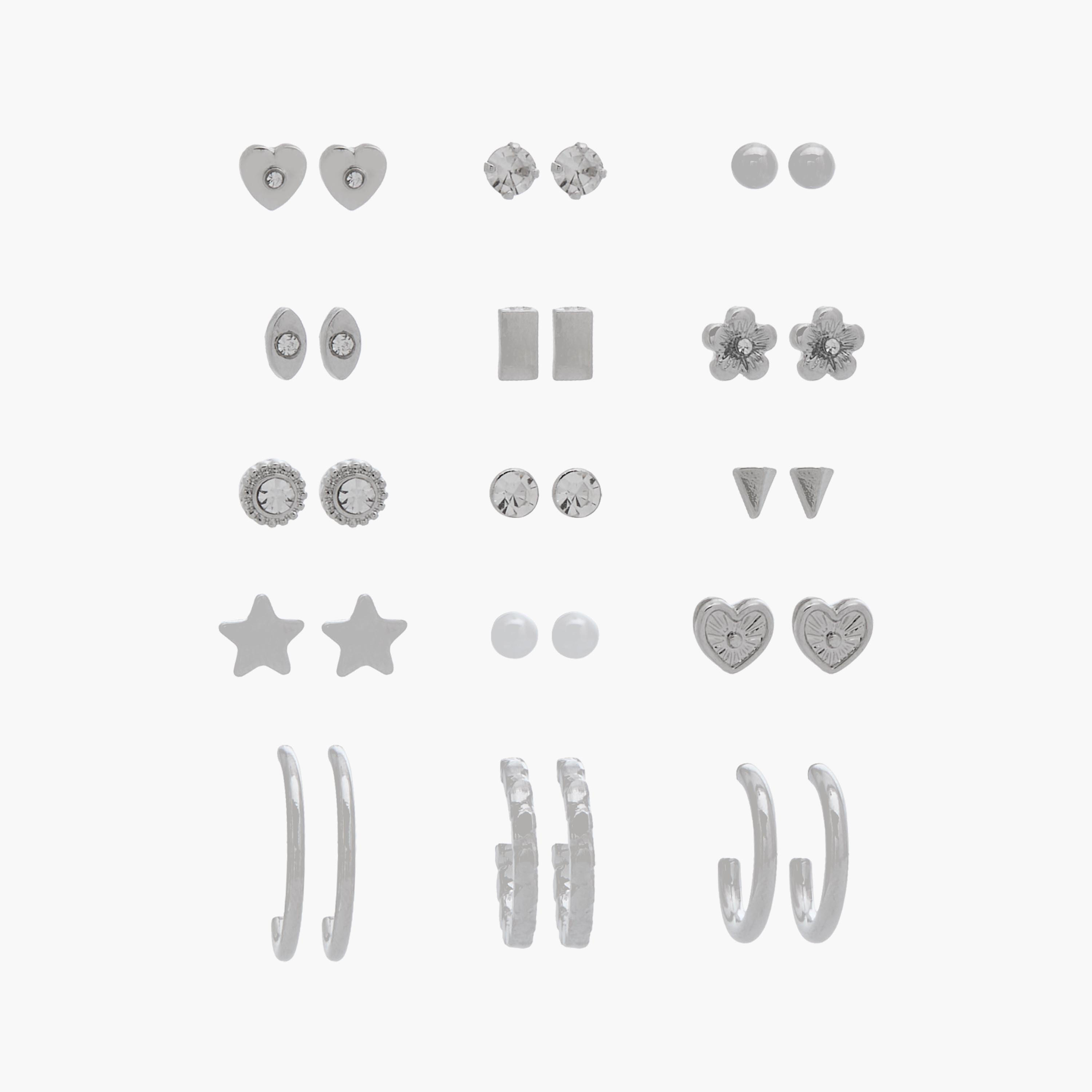 Pack of 15 Silver Tone Embellished Earrings with Pushback Closure-women-watchesandjewellery-jewellery-earrings-image-1