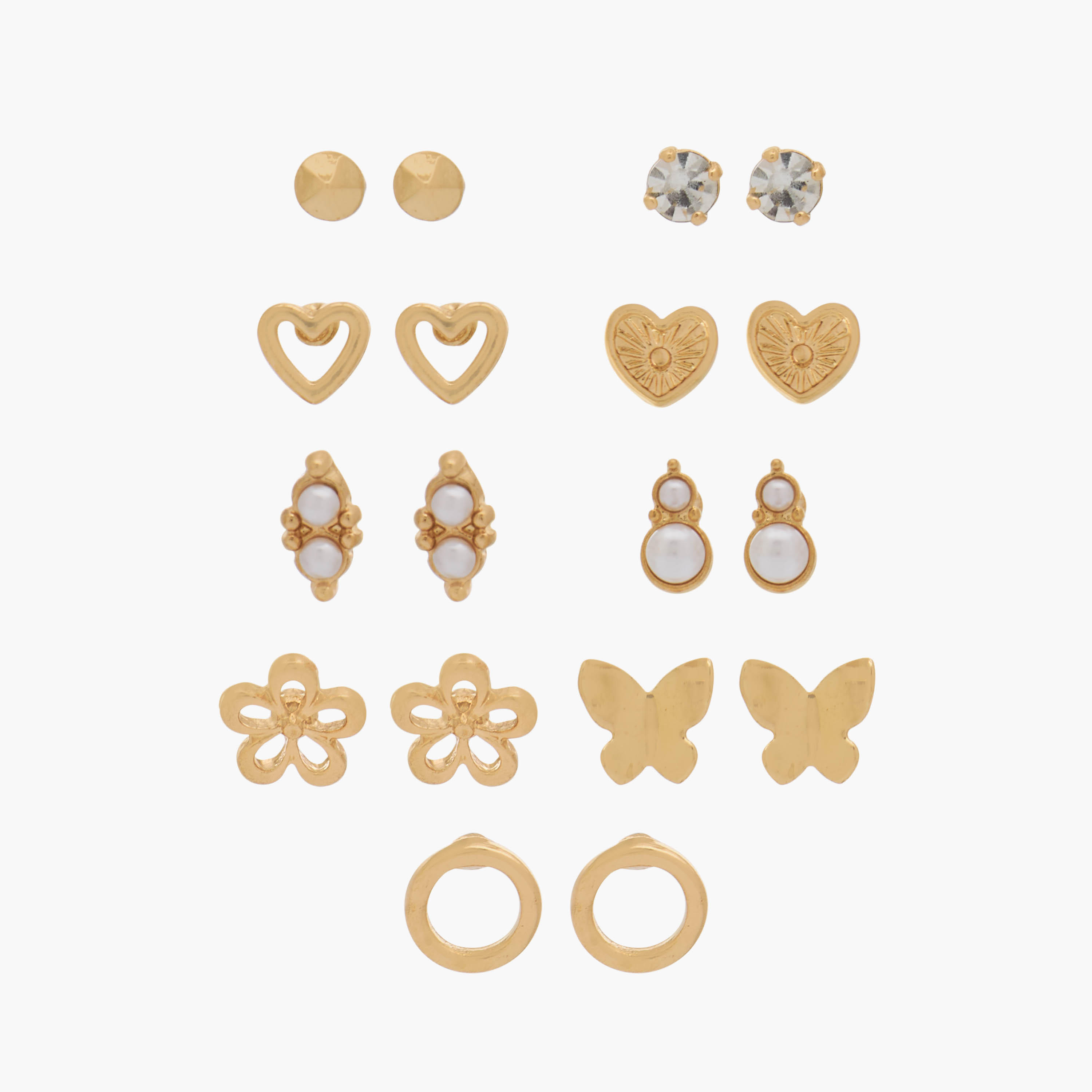 Pack of 9 Gold Tone Stud Earrings with Pushback Closure-women-watchesandjewellery-jewellery-earrings-image-1