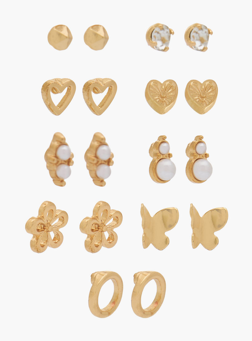 Pack of 9 Gold Tone Stud Earrings with Pushback Closure-women-watchesandjewellery-jewellery-earrings-image-2