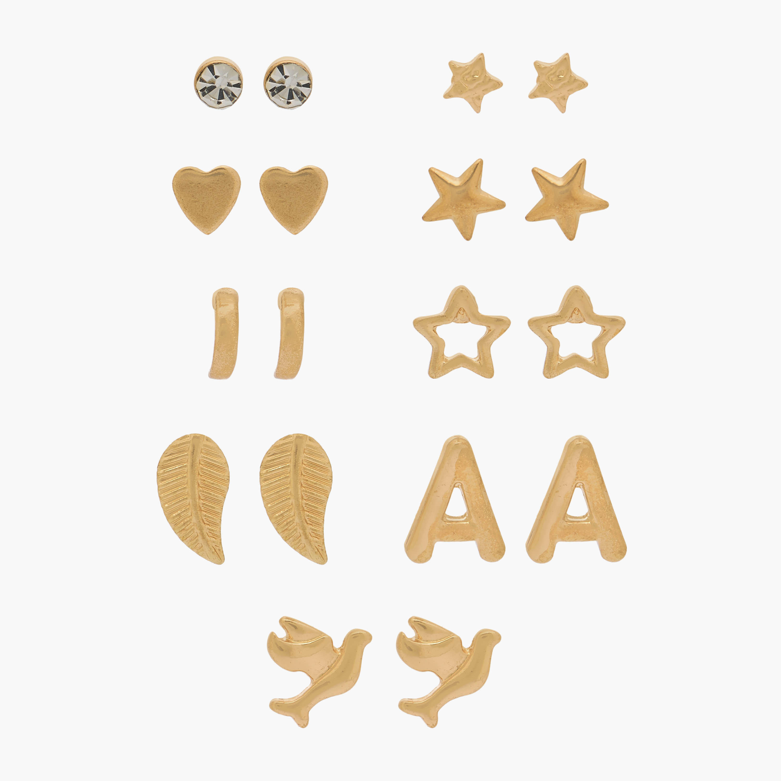 Pack of 9 Gold Tone Stud Earrings with Pushback Closure-women-watchesandjewellery-jewellery-earrings-image-1