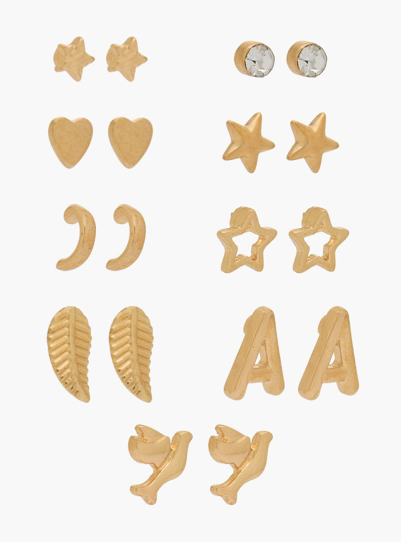 Pack of 9 Gold Tone Stud Earrings with Pushback Closure-women-watchesandjewellery-jewellery-earrings-image-2