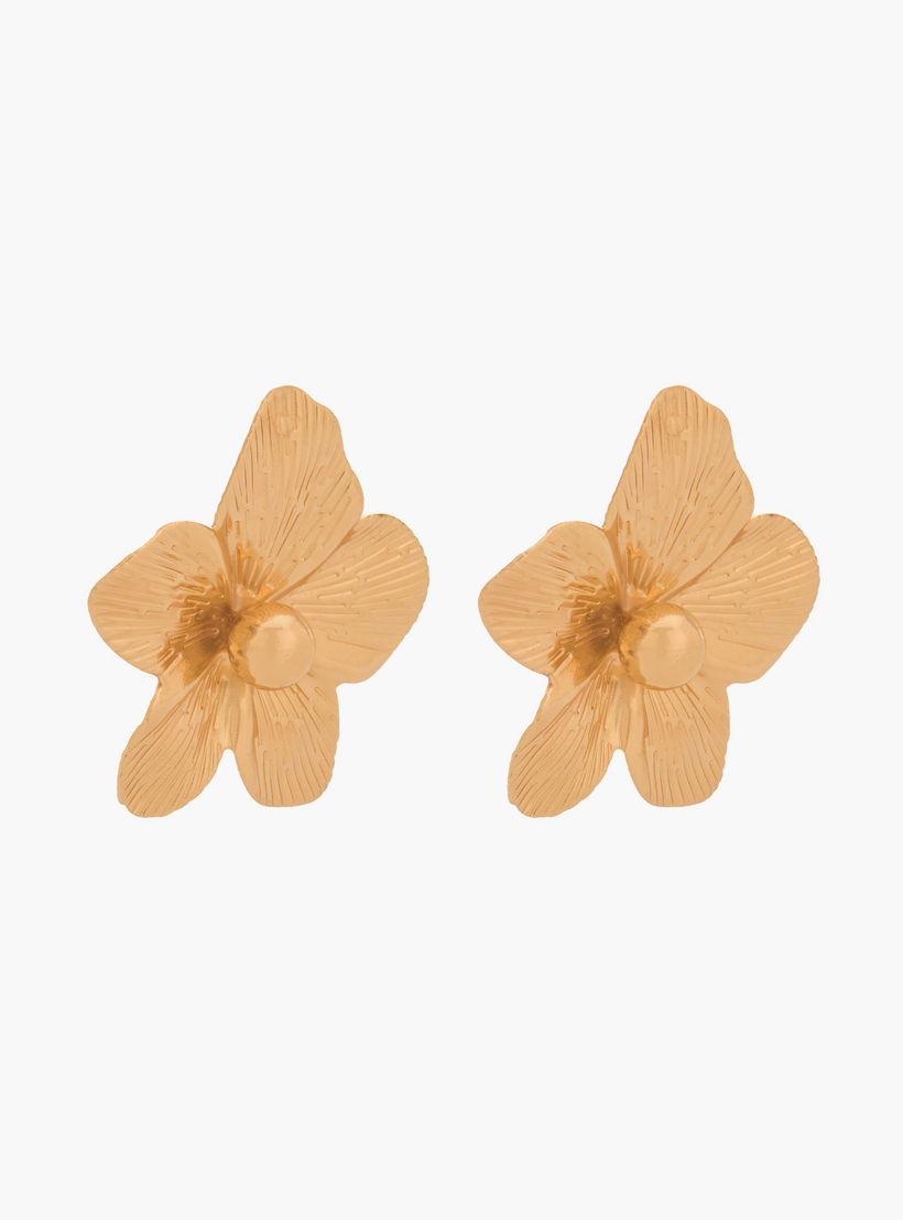 Gold Tone Textured Floral Shaped Earrings with Pushback Closure-women-watchesandjewellery-jewellery-earrings-image-2
