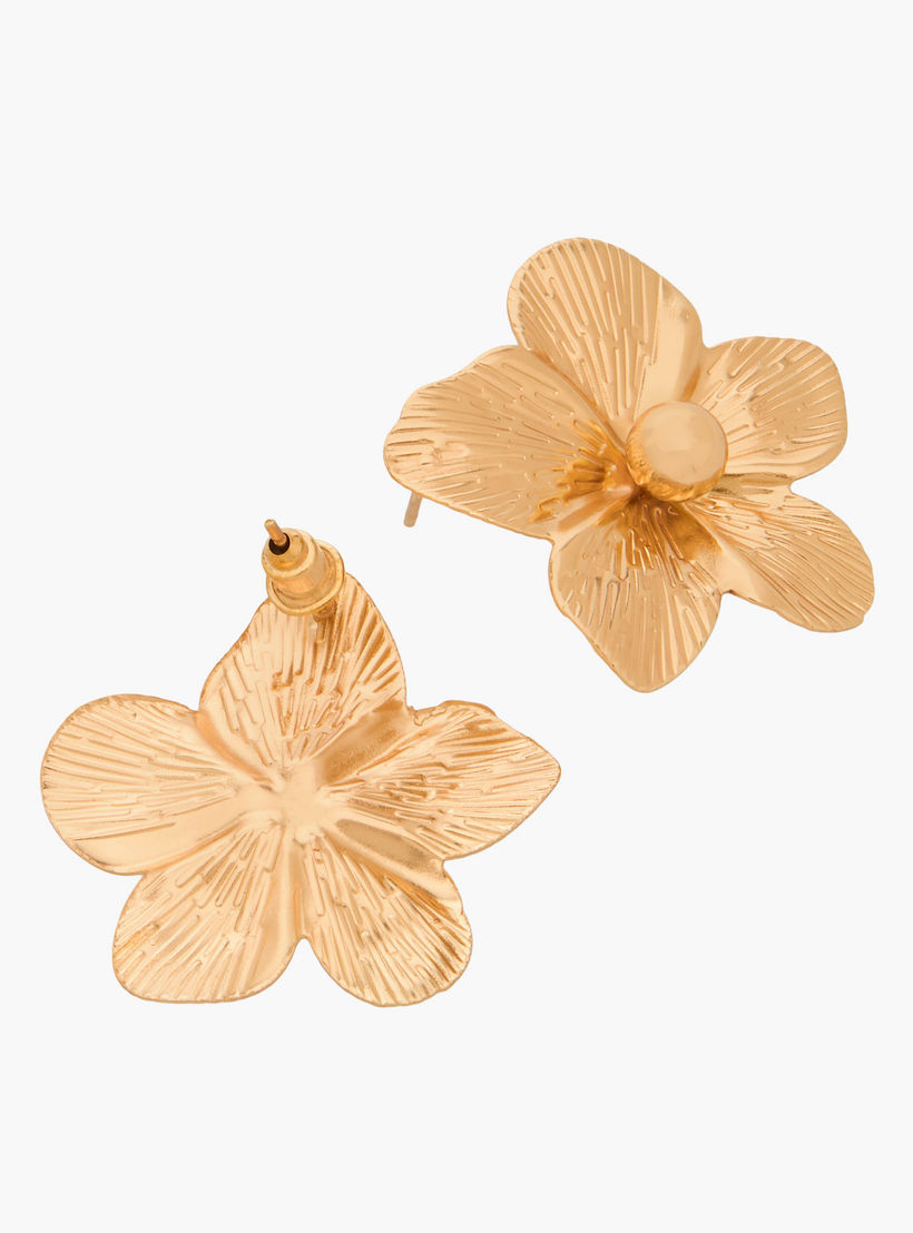 Gold Tone Textured Floral Shaped Earrings with Pushback Closure-women-watchesandjewellery-jewellery-earrings-image-3