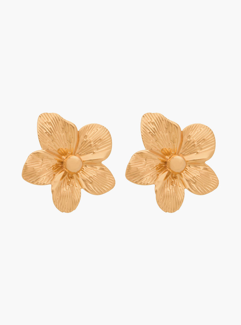 Gold Tone Textured Floral Shaped Earrings with Pushback Closure-women-watchesandjewellery-jewellery-earrings-image-4