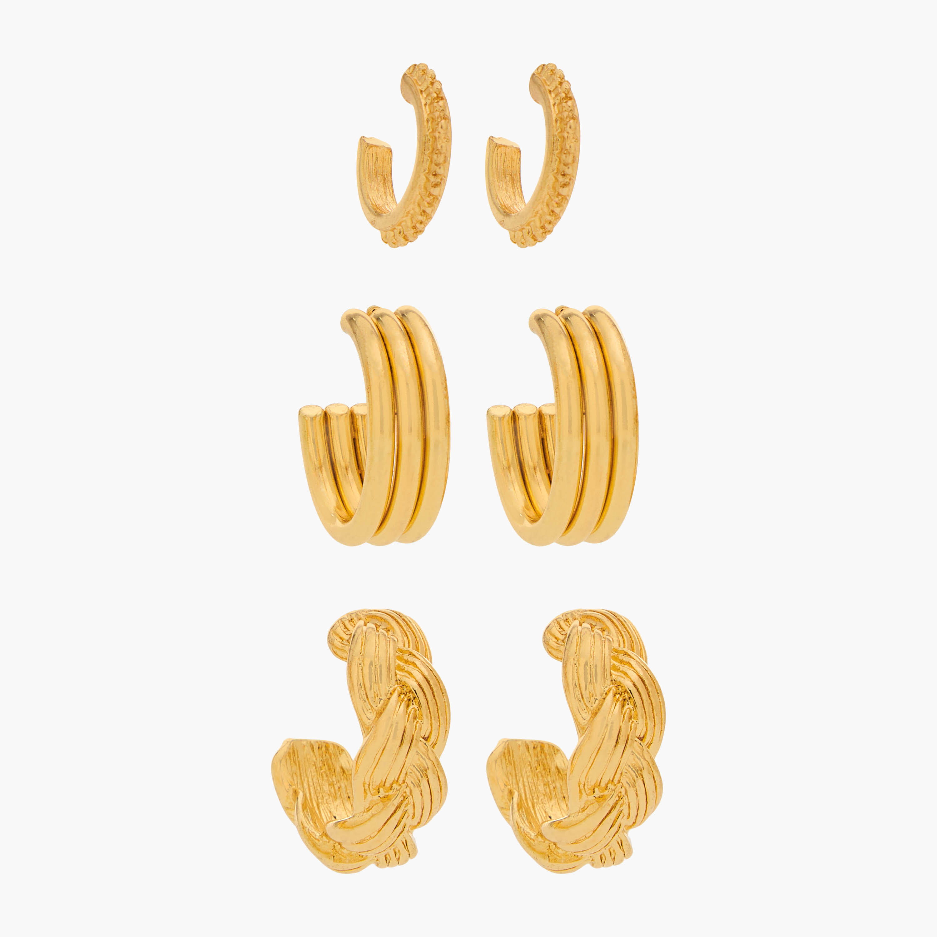 Pack of 3 Gold Tone Textured Hoop Earrings with Pushback Closure-women-watchesandjewellery-jewellery-earrings-image-1