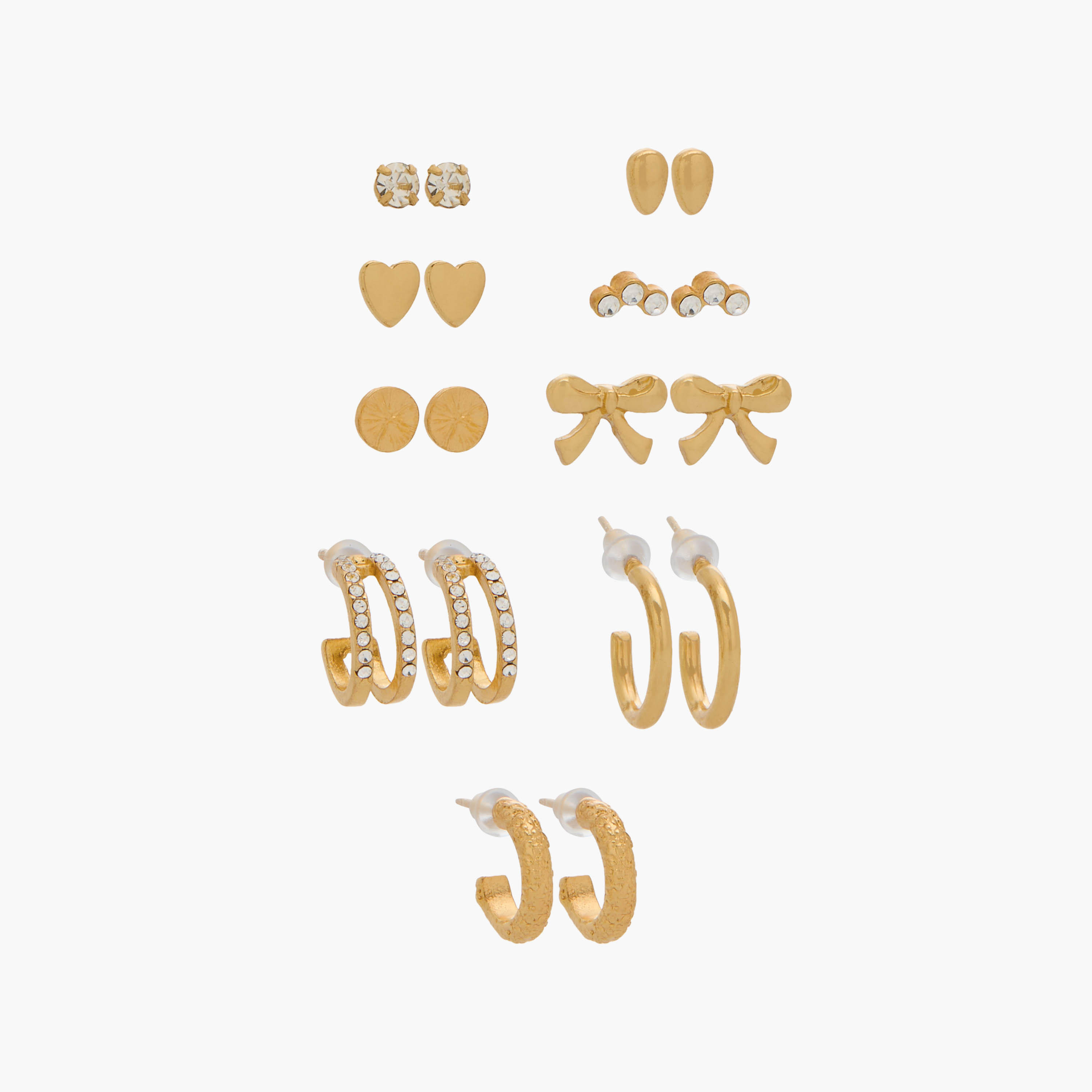 Pack of 9 Gold Tone Stud Earrings with Pushback Closure-women-watchesandjewellery-jewellery-earrings-image-1