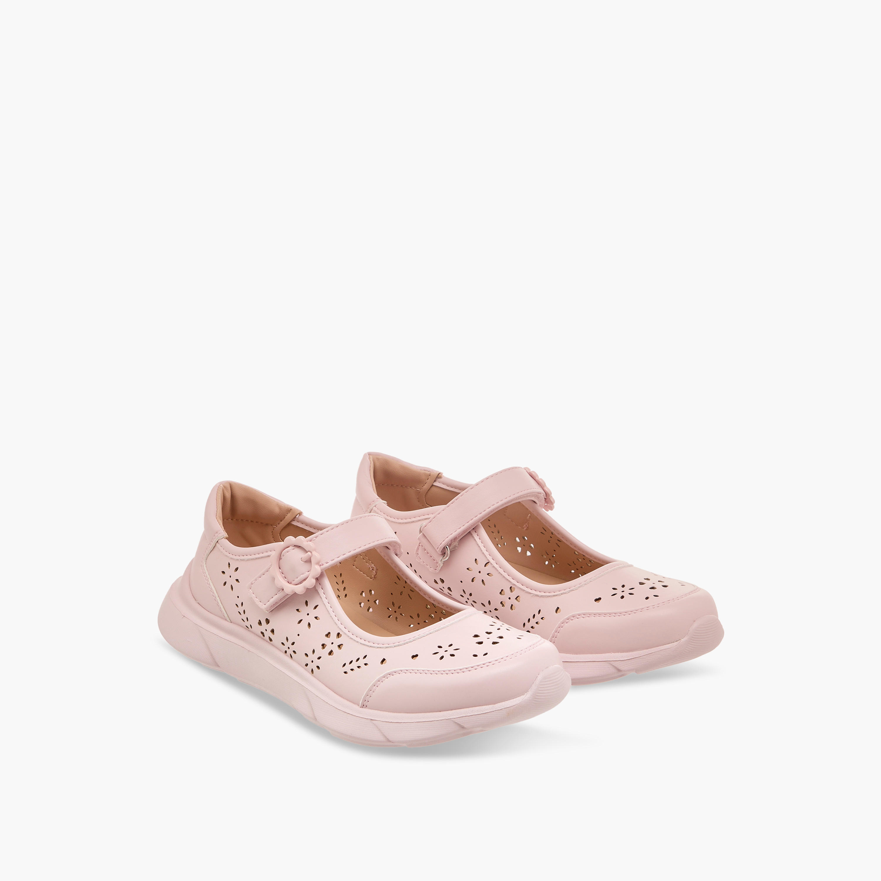 Little Missy Laser Cut Detail Mary Jane Shoes with Hook and Loop Closure-girls-shoes-maryjanes-image-1