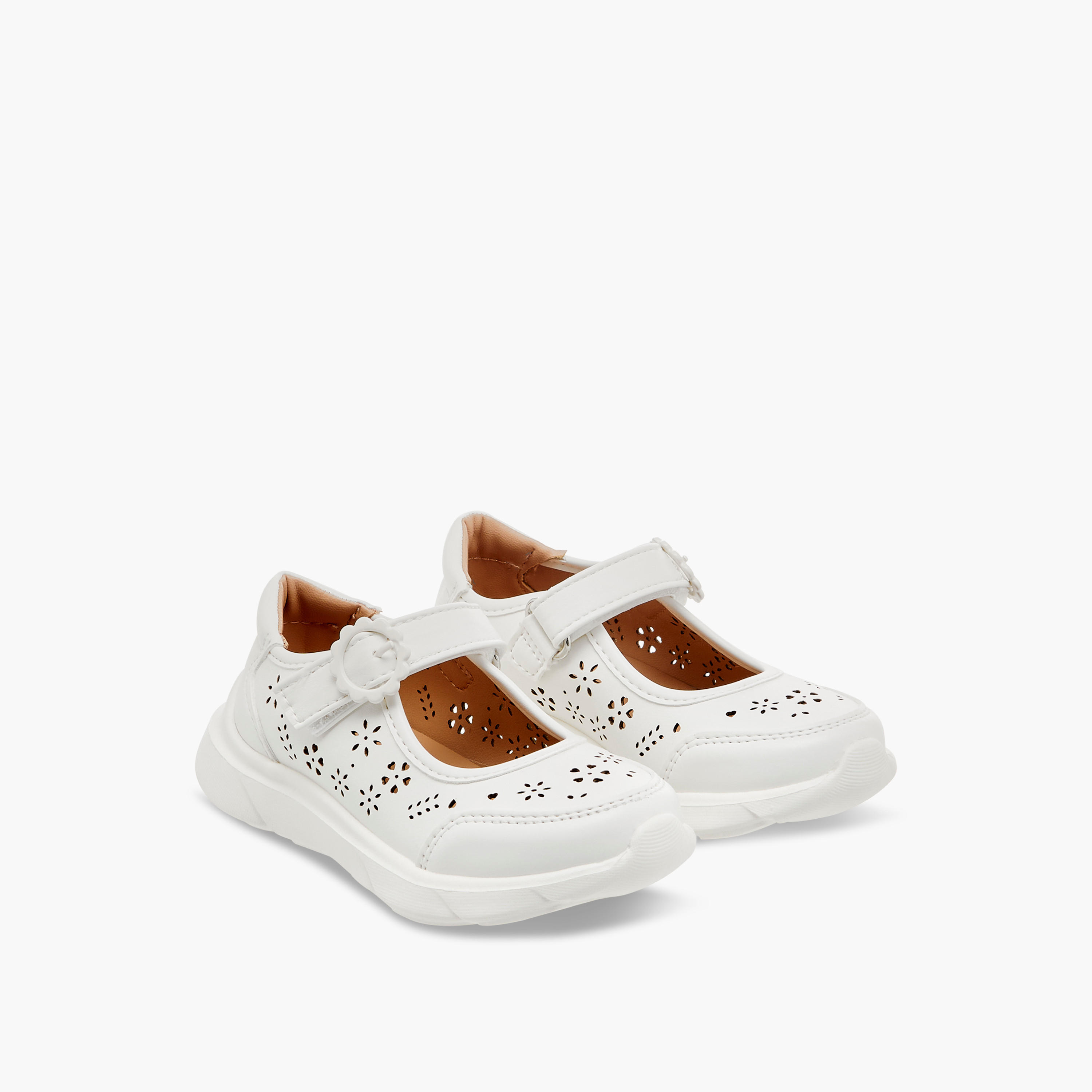 Little Missy Laser Cut Detail Mary Jane Shoes with Hook and Loop Closure-girls-shoes-maryjanes-image-1