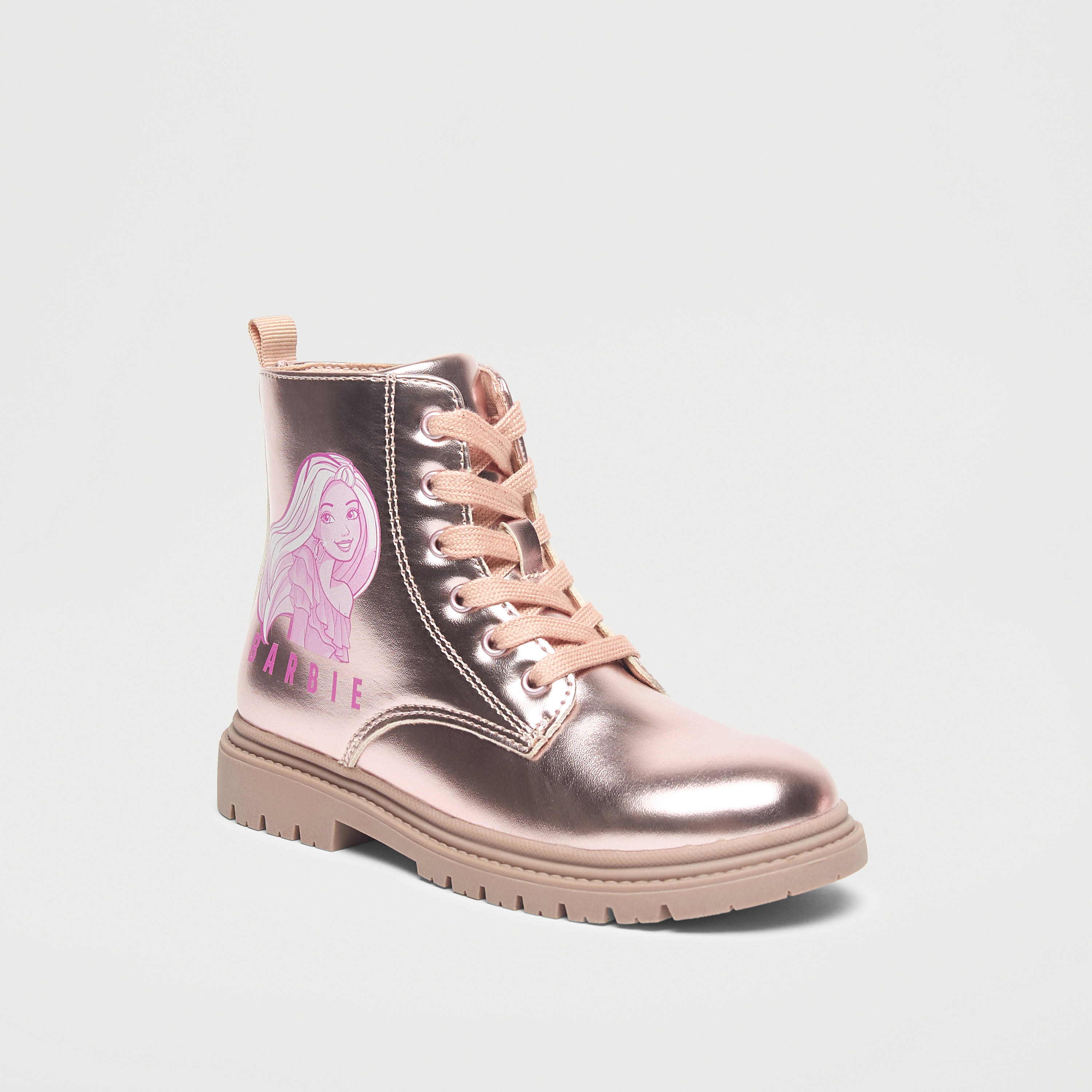 Barbie Print Ankle Boots with Lace-Up Closure-girls-shoes-boots-image-1